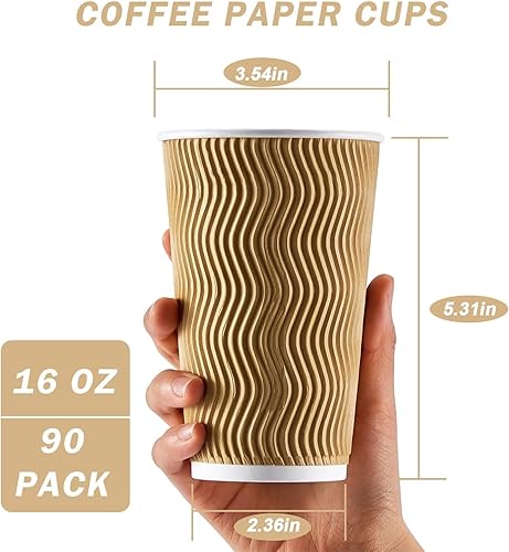 Miniatura 2 de Clawsoff Paquete de 90 tazas de café desechables de 16 onzas sin tapas, tazas de café de papel de pared onduladas con aislamiento champán de 16