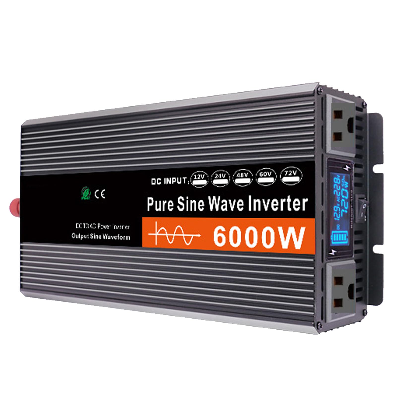 Inverter a Onda Sinusoidale Pura da 6000W CC 12V/24V/48V/60V/72V, Ingresso CC, Uscita CA, Convertitore Inverter Solare a Bassa Frequenza 110V/240V con Display a LED e 2 Prese CA(Size:24v to 110v)