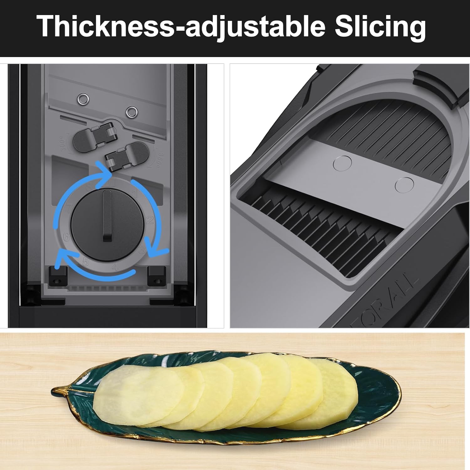 Safe Mandoline Slicer for Kitchen, Adjustable Thickness 0.1-8 mm, 5 in 1 Multi Vegetable Chopper, Potato Slicer, Food Chopper French Fry Cutte, Paring Knife/Cleaning Brush, Mandolin (BlackKnight)