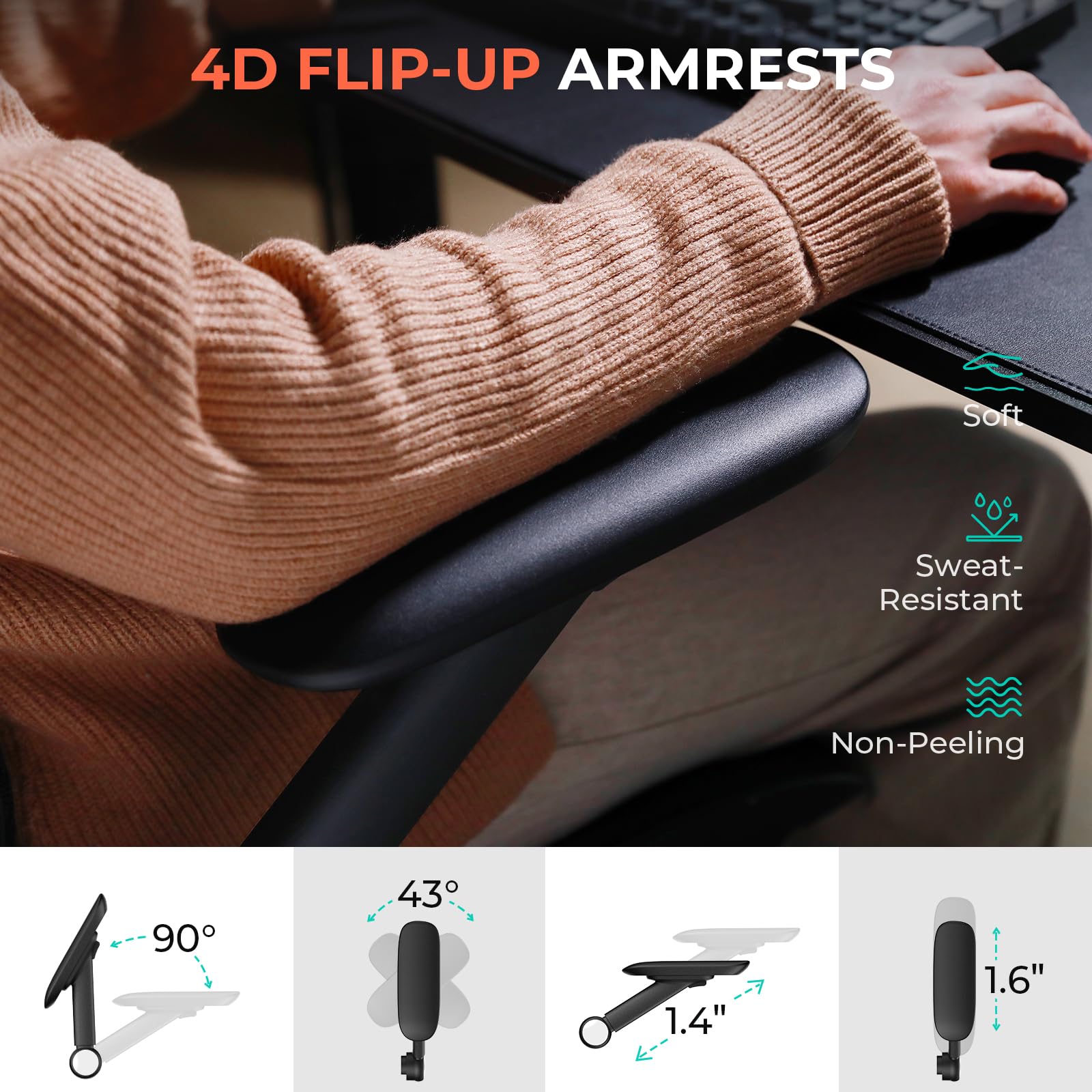 CAPOT Ergonomic Mesh Office Chair, Adjustable Lumbar High Back Desk Chair 400lbs, 4D Flip-up Arms, 3-Level Tilt Backrest, 3D Headrest, PU Wheels, Swivel Rolling Computer Seating for Long Desk Work