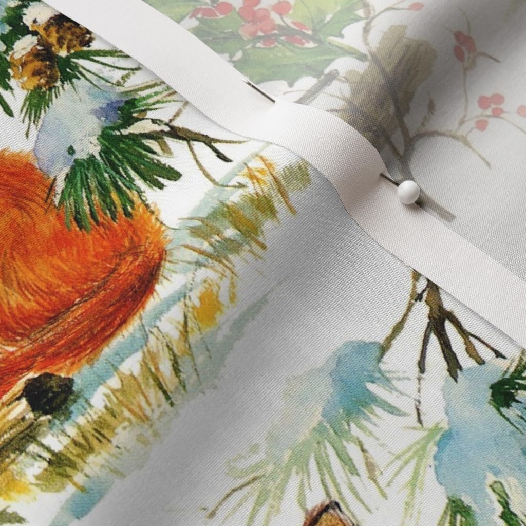 Spoonflower Fabric - Birds Winter Snow Red Foxes Trees Animals Cone Pine Christmas Vintage Printed on Cotton Poplin Fabric by The Yard - Sewing Shirting Quilting Dresses Apparel Crafts