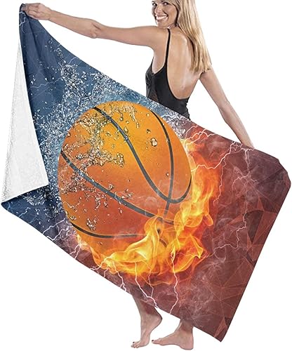 Miniatura 1 de Toallas de playa de baloncesto para niños, toalla de baño de gran tamaño de 52 x 32 pulgadas, toalla de microfibra suave con estampado de fondo de