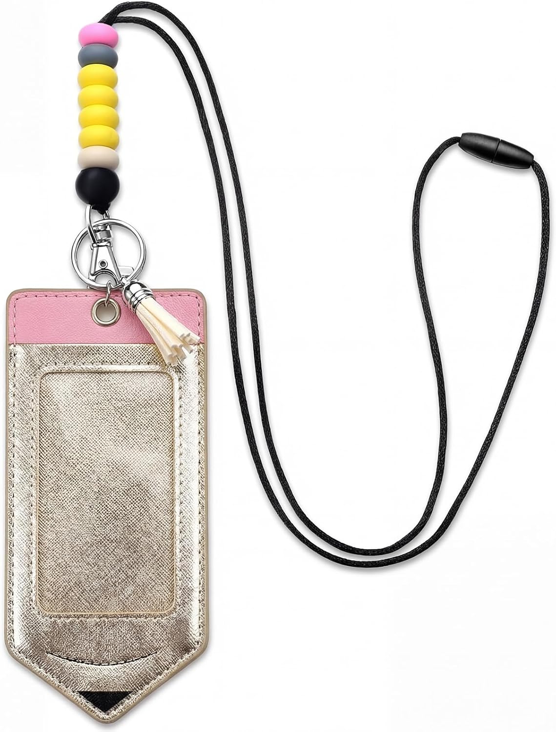 Feifeiya 12 Pcs Pencil Teacher Lanyards for ID Badges and Keys Pencil ID Badge Holder with Breakaway Lanyard Silicone Bead Lanyards Cute Teacher Badge Holder for Office Gifts (Gold)