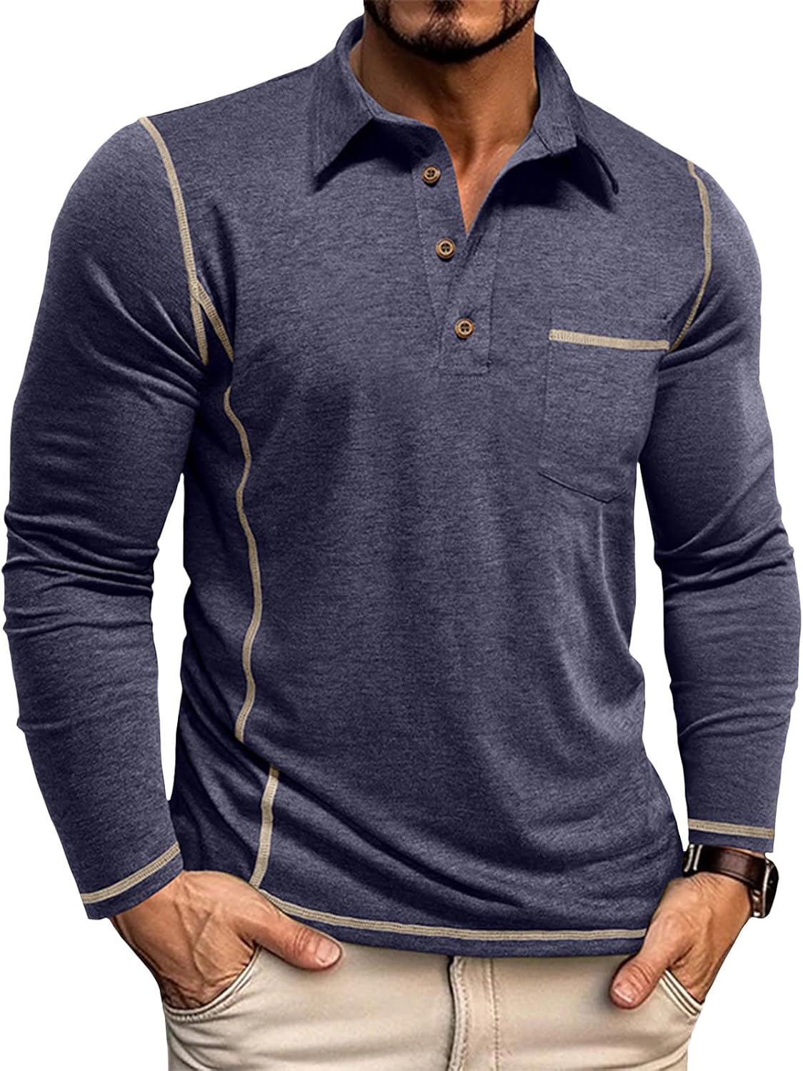 Mens Long Sleeve Polo Shirts Soft Cotton Fashion Button Casual Classic Solid Color Collared Golf Shirts