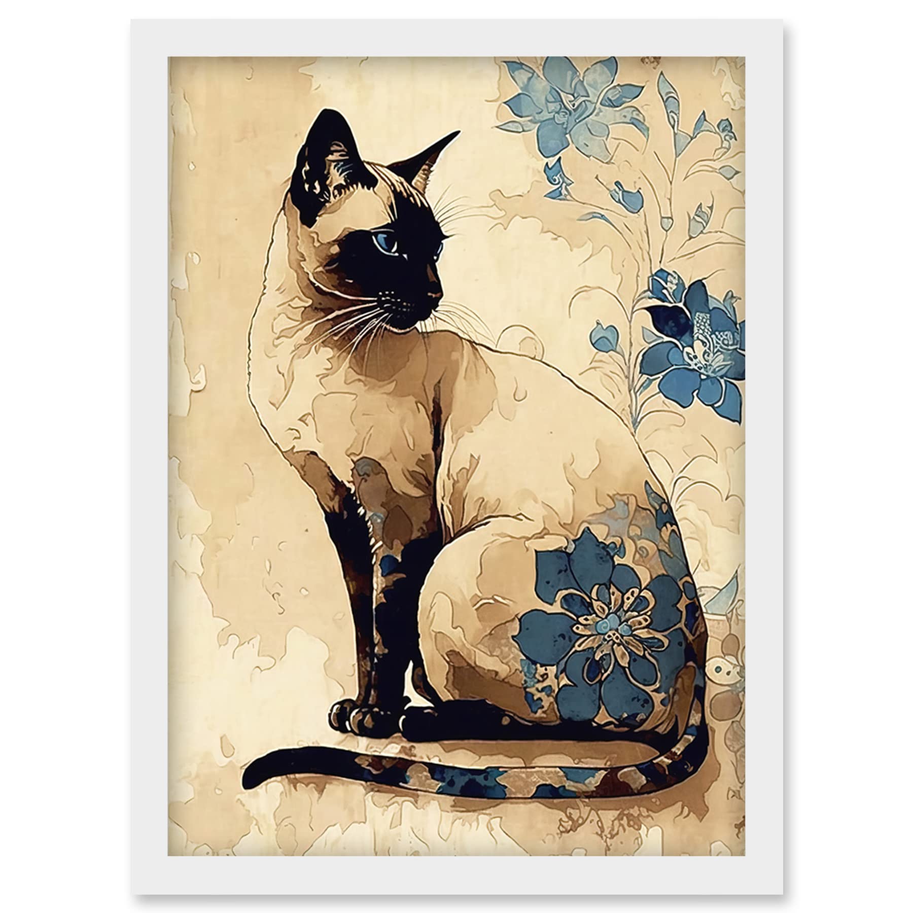Artery8 Siamese Cat with Blue Flowers Watercolour and Ink Modern Illustration Artwork Framed Wall Art Print A4