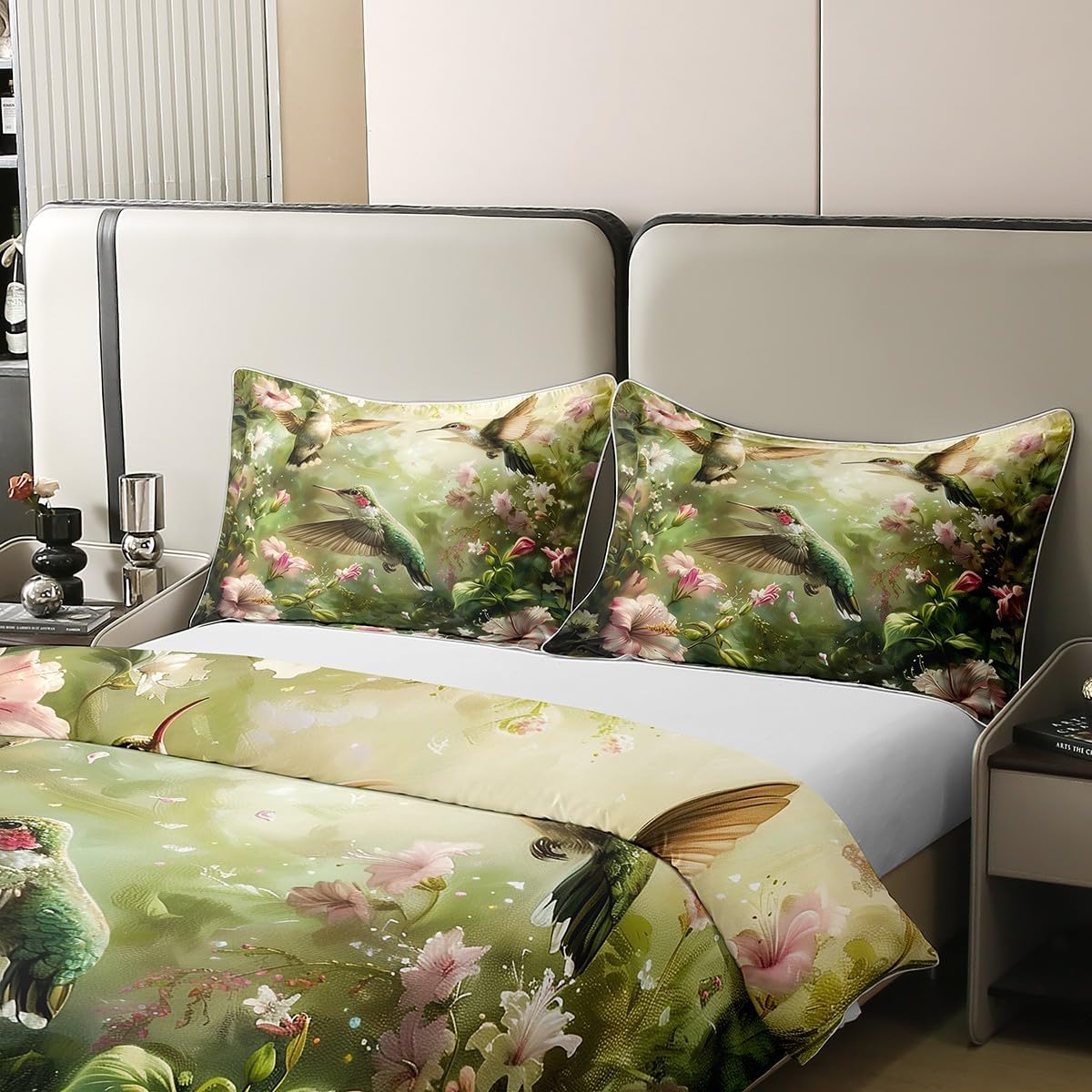 Feelyou Hummingbird Bedding Set Full Size Tropical Birds Comforter Cover Set Hummingbird Flowers 100% Cotton Duvet Cover Blossoming Iris Flowers Bedspread Cover Green Quilt Cover，No Comforter