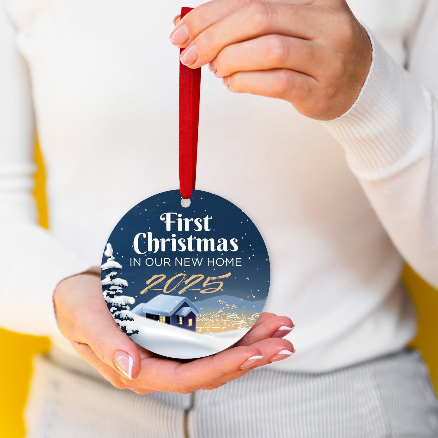 Soul Décor Christmas Ornaments, First Christmas in Our New Home 2025 Ornament, Velvet Pouch and Red Ribbon Included, Large 3.75" Round Ornament, Made in The USA