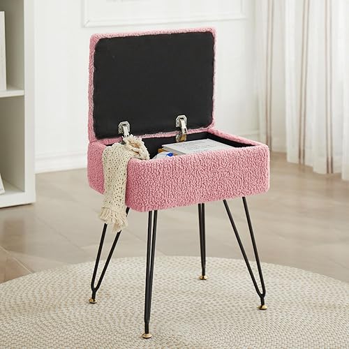 Miniatura 12 de Taburete de tocador, taburete otomano de piel sintética de peluche con patas de metal y pies negros ajustables, silla de maquillaje con Blanco,Negro