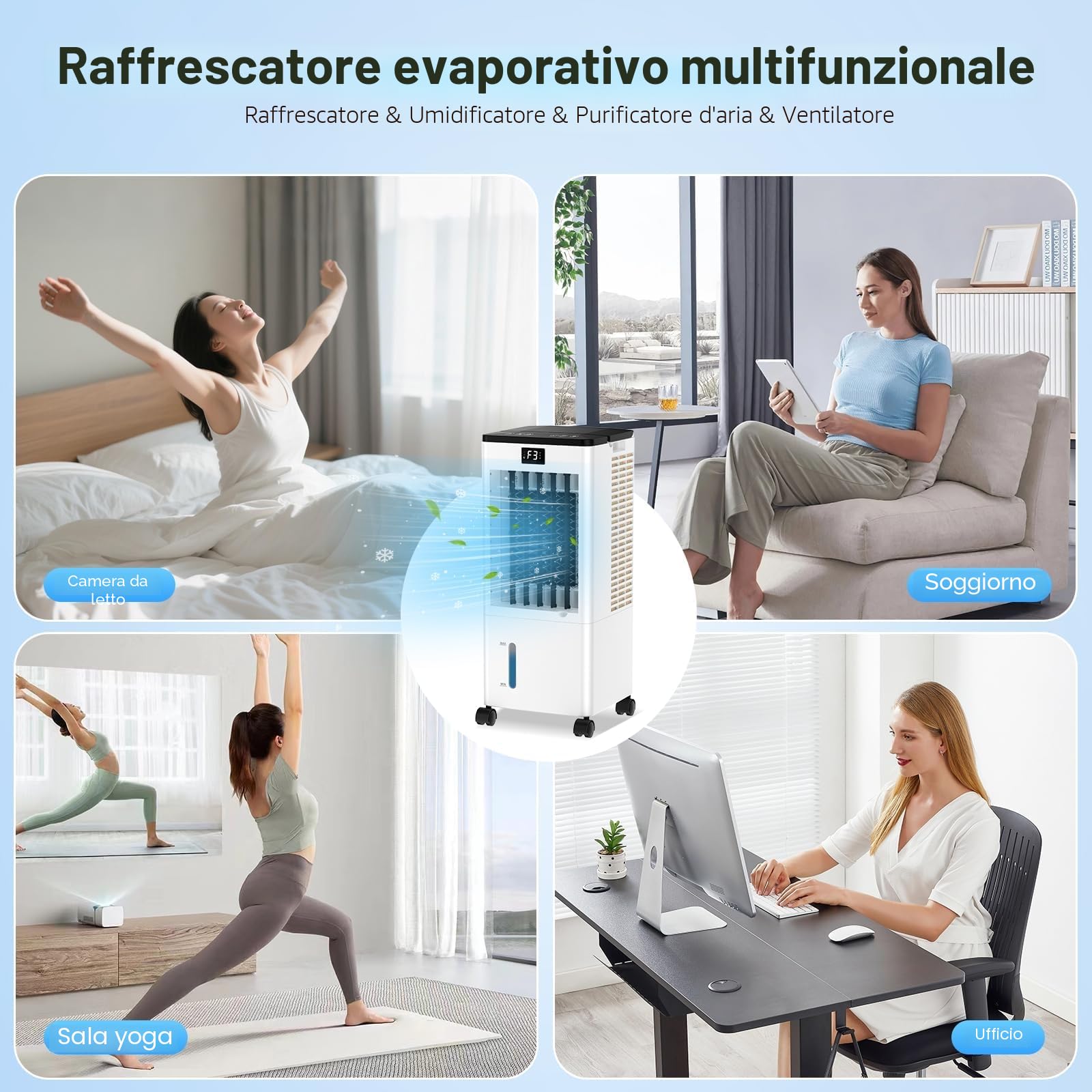 Condizionatore Portatile Senza Tubo, Raffreddatore d’Aria 4 in 1, 4 Modalità 3 Velocità, Climatizzatore Evaporativo 60 W, Timer 1-12 H, con Telecomando, 4 Ruote per Casa e Ufficio