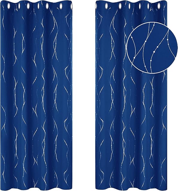 Deconovo Foil Printed Dot Line Blackout Curtains Thermal Insulated Energy Saving Eyelet Room Darkening Curtains for Bedroom 46 x 54 Inch Blue 2 Panels