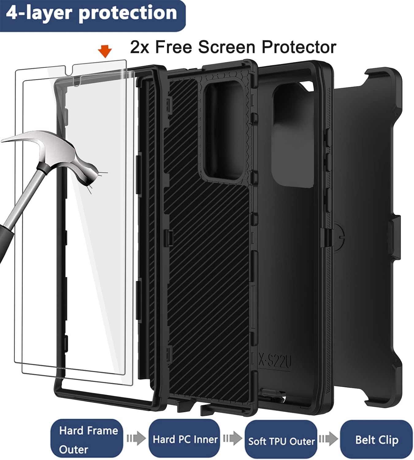 for Samsung Galaxy S22 Ultra Case with Belt Clip Holster, 2X Screen Protector, Military Grade Protection Heavy Duty Full Body Shockproof Rugged Protective Cover for Samsung S22 Ultra 5G Black - Image 3