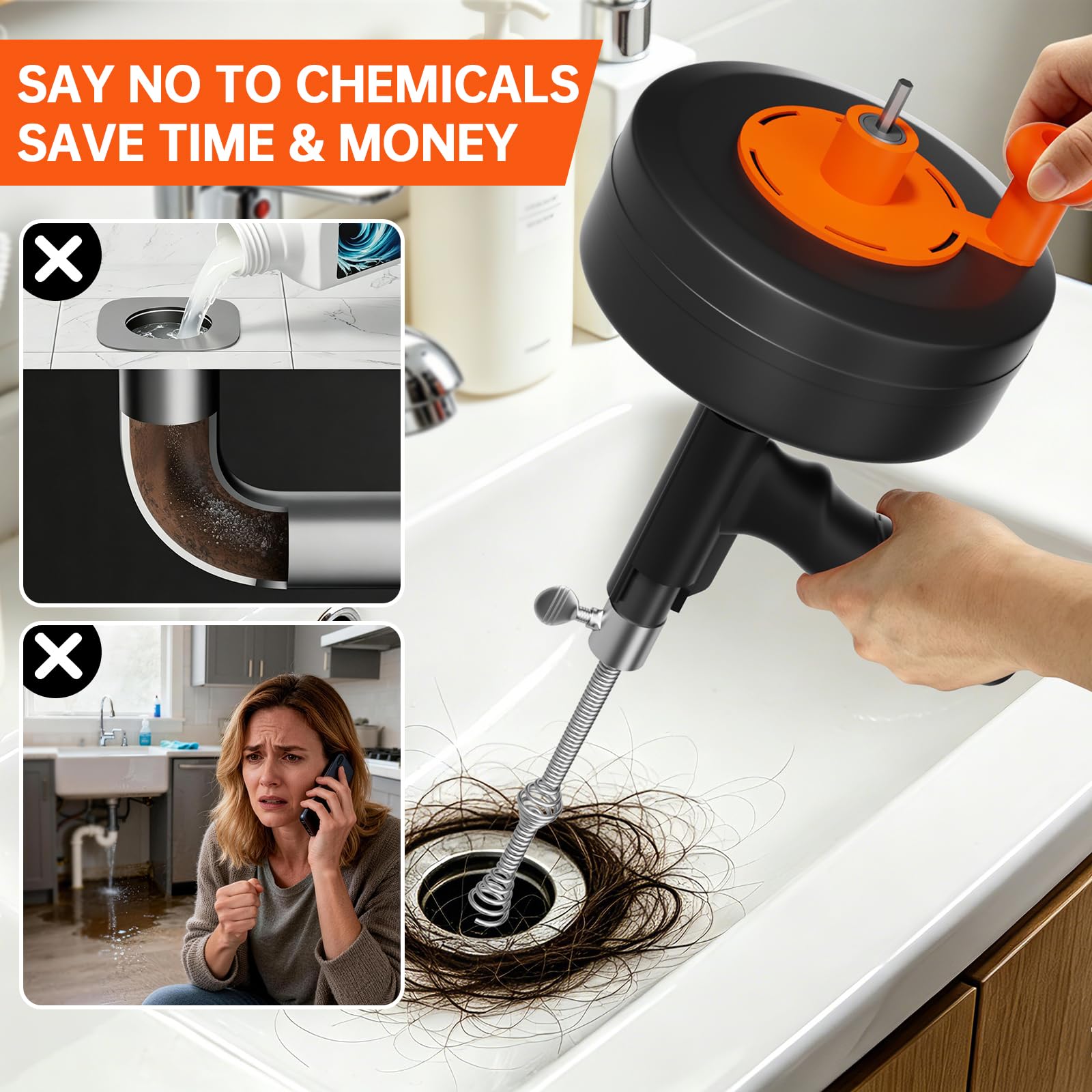 Taladro de drenaje resistente de 25 pies, serpiente de fontanería profesional con adaptador de taladro, removedor de obstrucciones manual y eléctrico para cocina, baño, fregadero de ducha y bañera