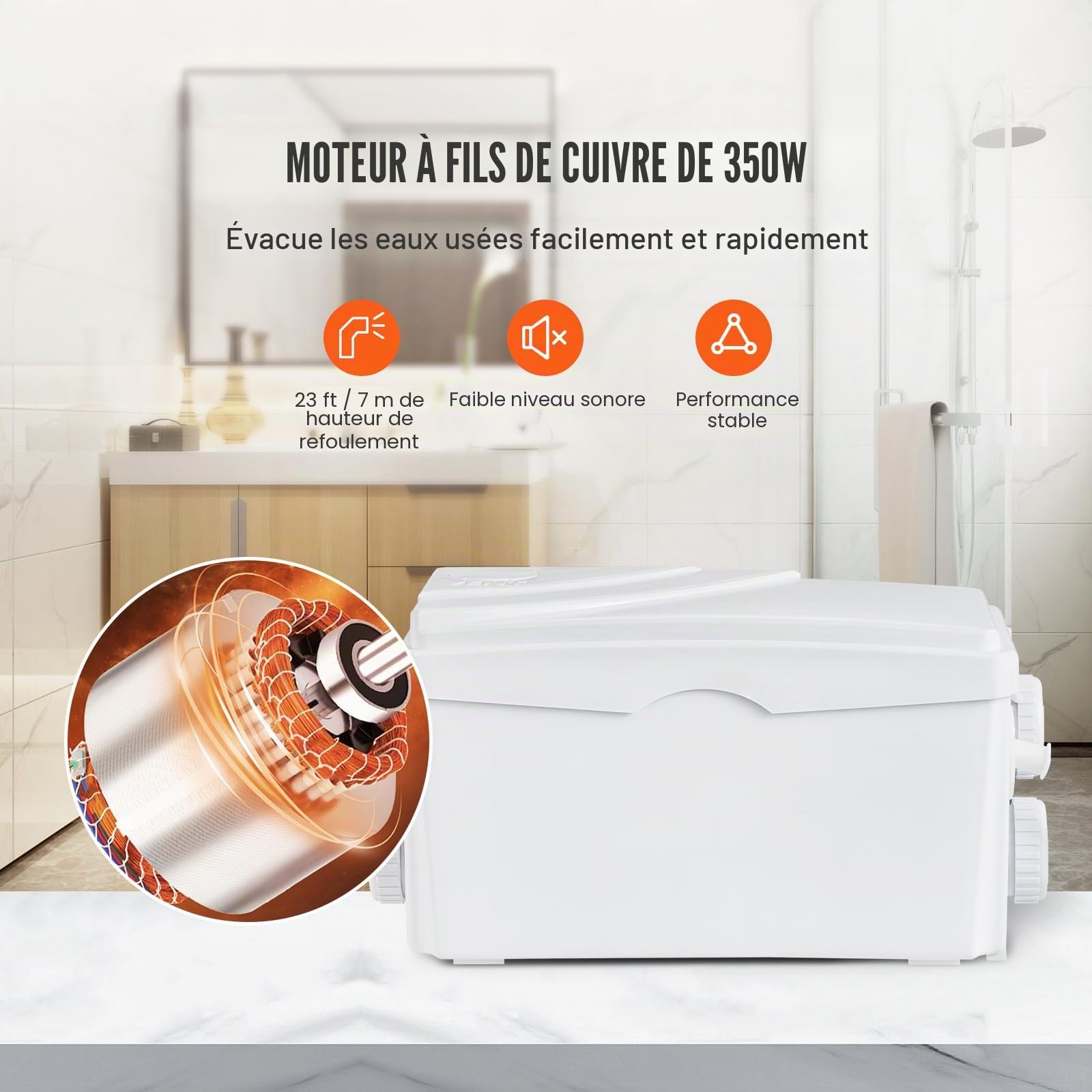 VEVOR Pompe de relevage eaux grises 350 W 6000 L/h 7 m 3 entrées d'eau