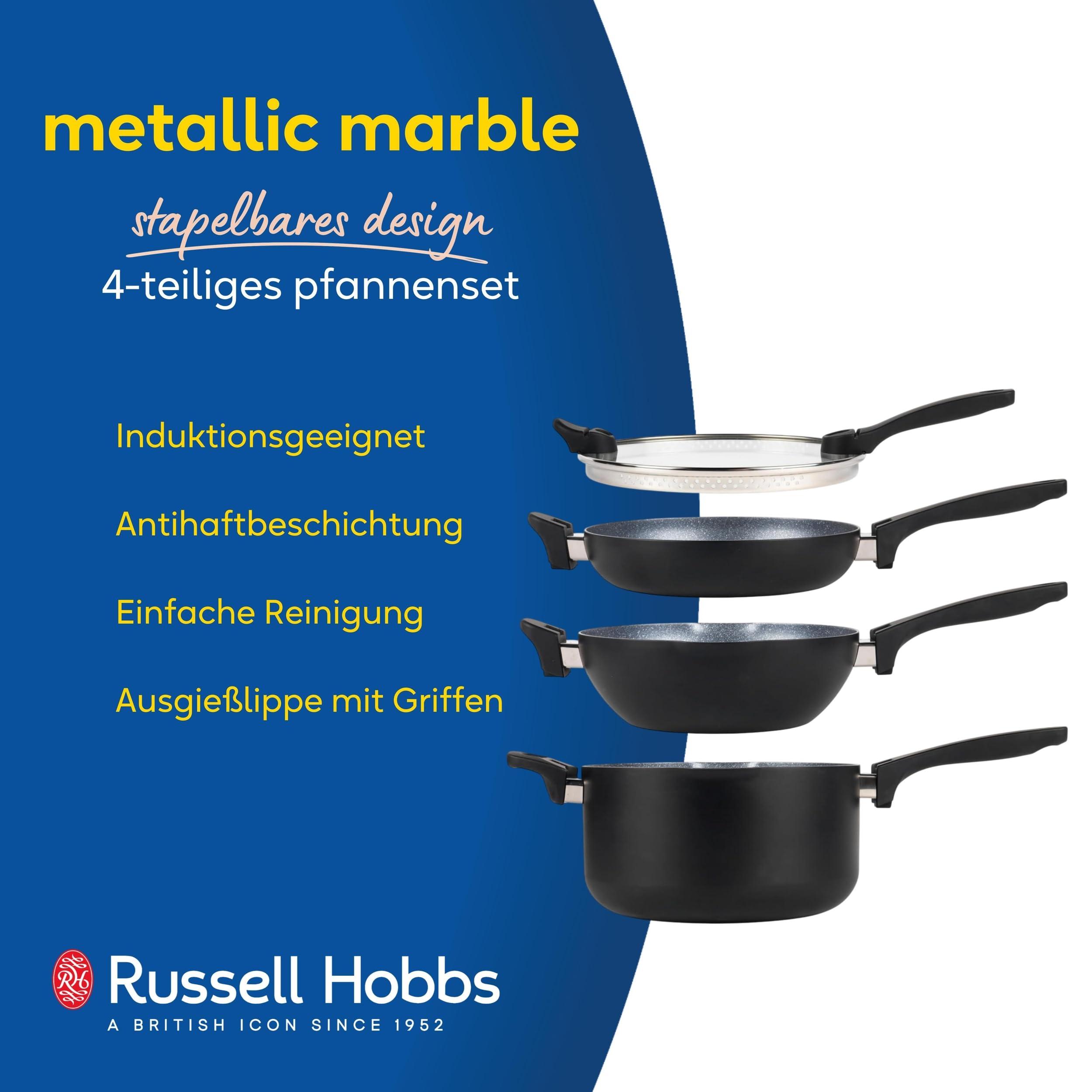 Russell Hobbs RH01840 stapelbares 4-teiliges Pfannenset, antihaft 24cm-Kochtopf, Wok, Bratpfanne und universeller Glasdeckel, PFOA-frei, Batch Cooking, platzsparend, Ausgießlippe, Induktion