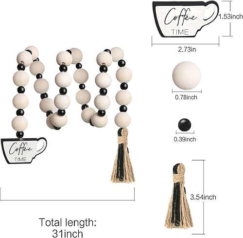 Vista 6 de Meplait Guirnalda de cuentas de madera natural, cuerda de yute, adorno colgante con temática de café para decoración del hogar