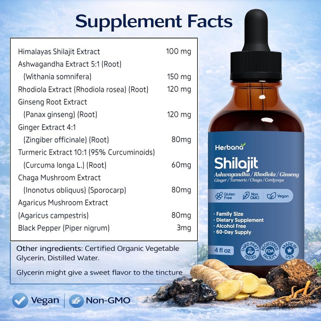 Herbana Shilajit Dietary Supplement with Ashwagandha, Rhodiola, Ginseng, Ginger, Turmeric, Chaga, Cordyceps, Alcohol Free, Vegan, Gluten Free, Non GMO, 4 fl oz, 60-Day Supply