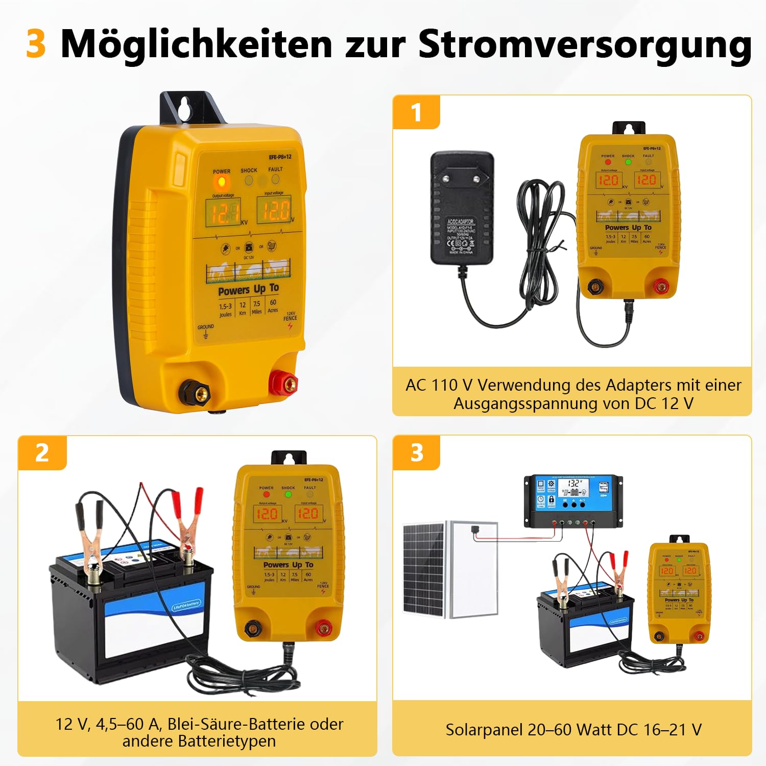 12 V Valla eléctrica con indicador LED, 1,5 – 3 julios, resistente al agua, sensor de corriente eléctrico, alcance 10 km, vallador eléctrico para ganado, ovejas, aves de corral y ganado