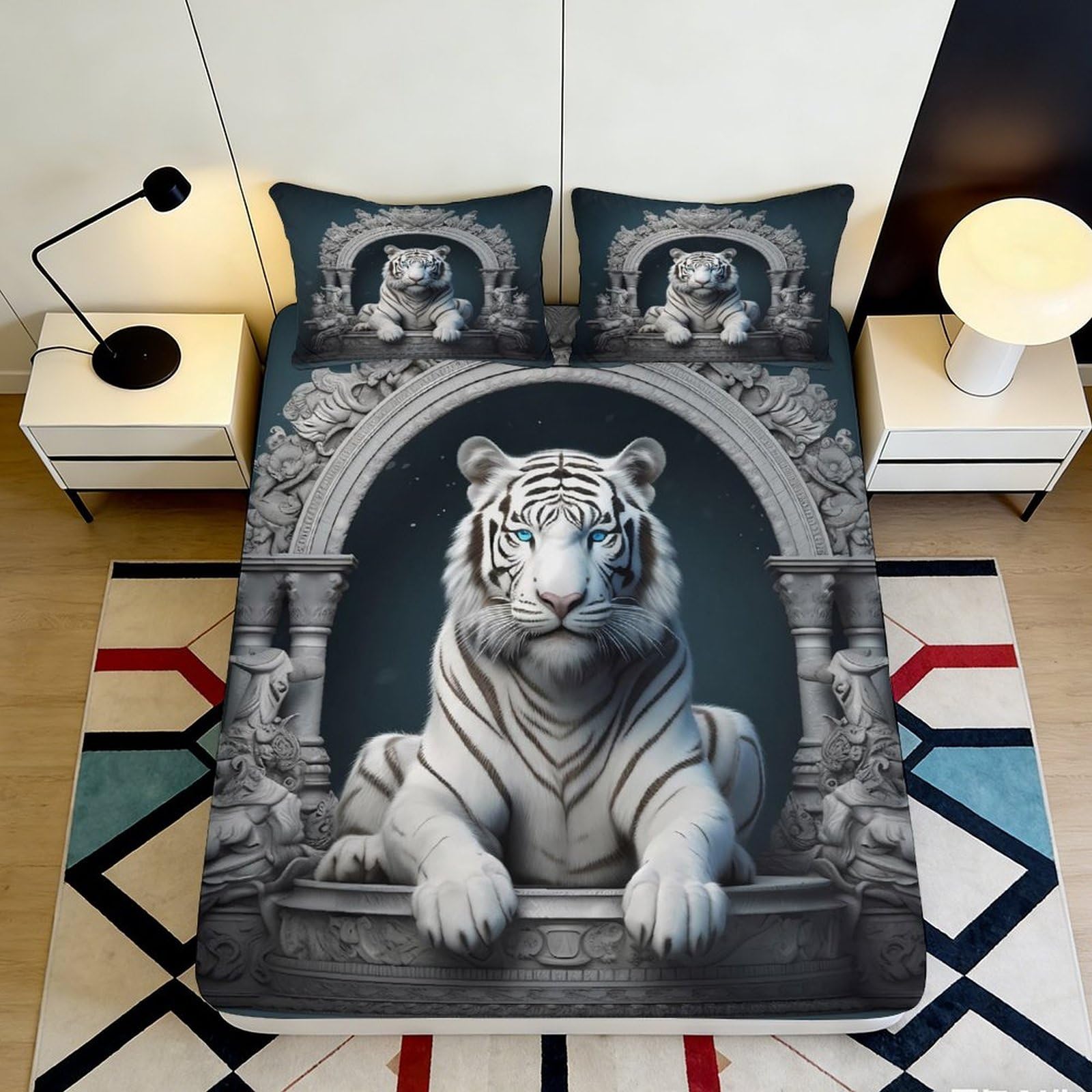 3D Printed White Tiger Arch Fitted Sheet Microfiber for Bedroom Dorm Mattress Cover Easy Care Decor 120x200x25cm