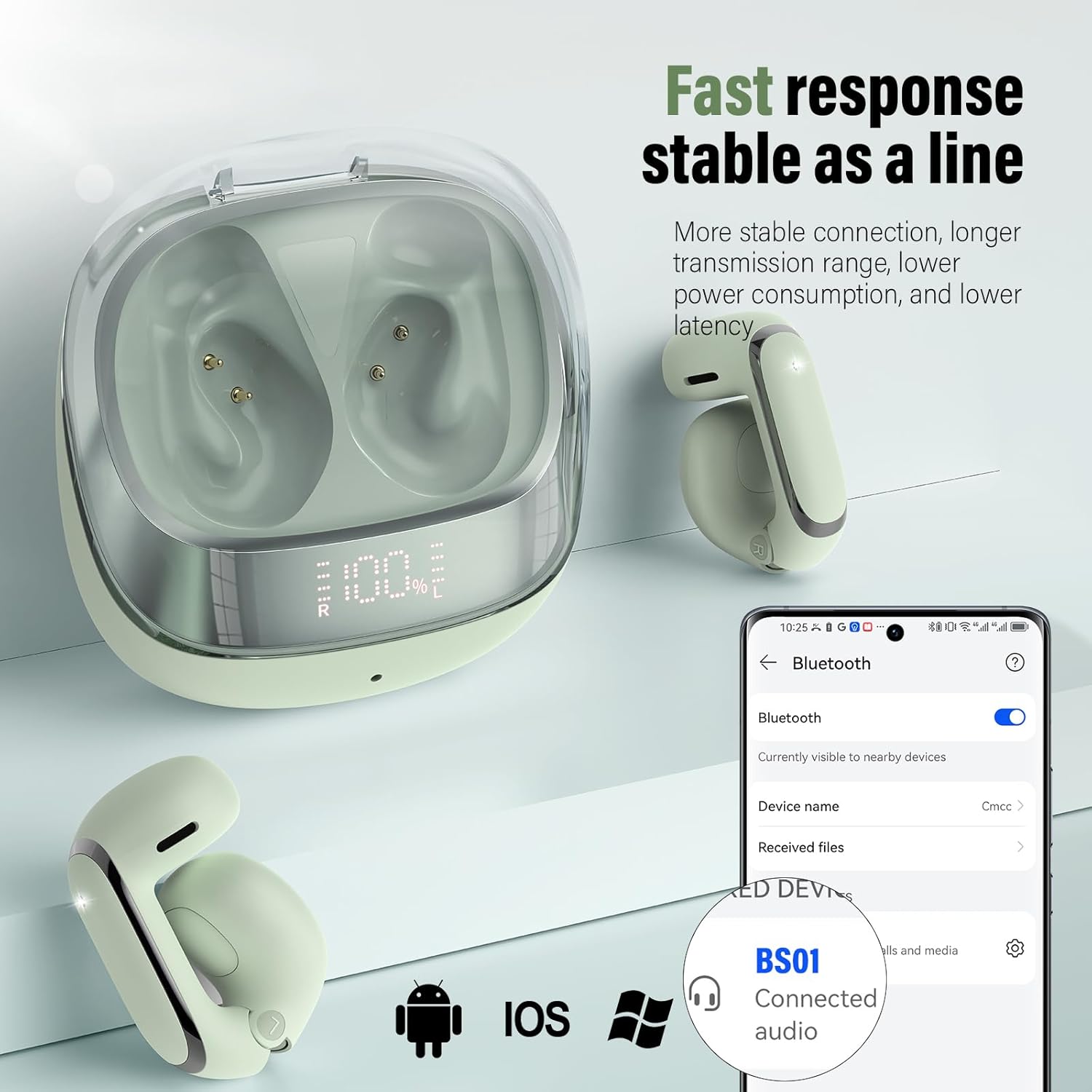 Clip On Ear buds, Open Ear Headphones, Bluetooth 5.4 HiFi Stereo Clip Earbuds, 42H, LED Display Wireless EarBuds, Comfortable Lightweight, IP7 Waterproof Earphones, Earbud for Workout Running, Green - Image 6