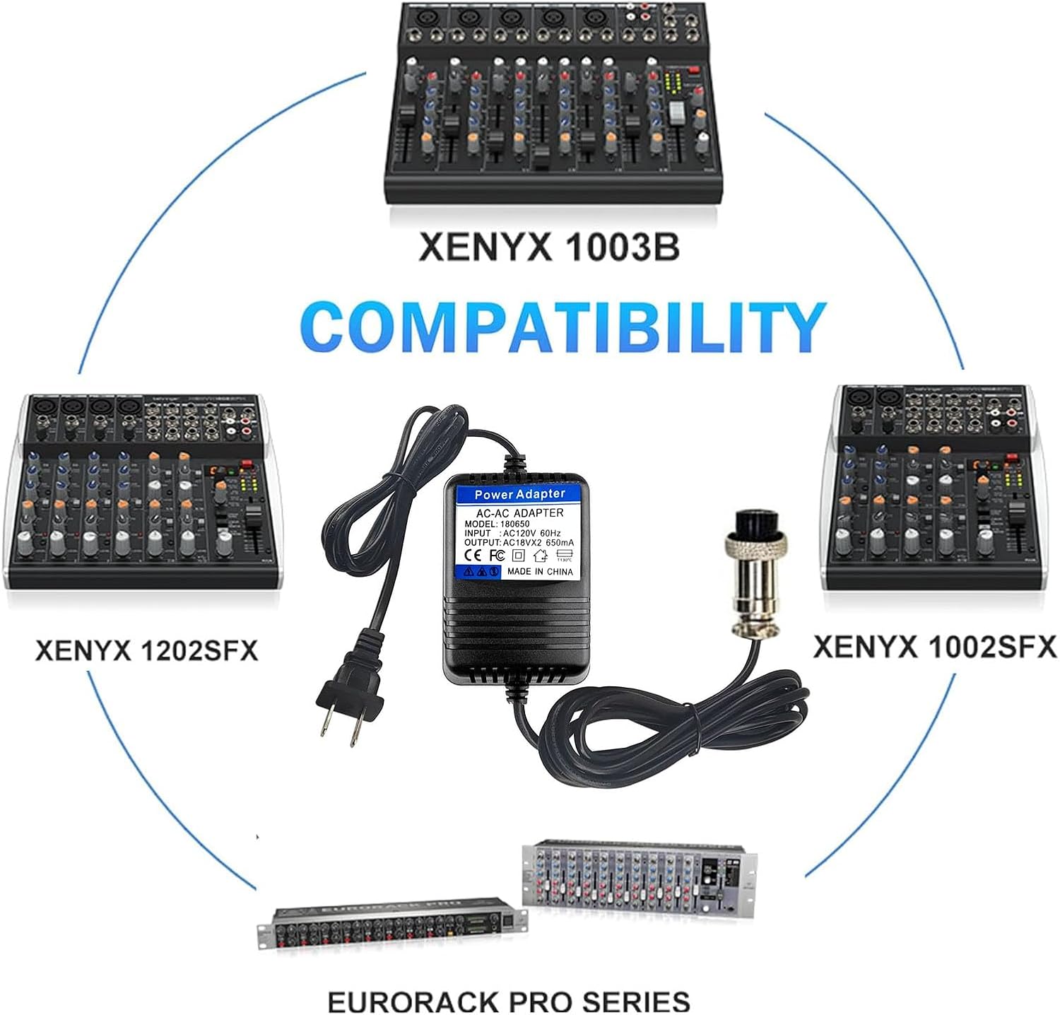18V*2 AC Mixer Console Power Adapter with 3-Pin Connector - for Yamaha MG16 MG82X MG10U PA-10, Stanton M304, Alesis Multimix 8 USB FX – 8, Behringer Mixer - Replacement Power Supply Cord