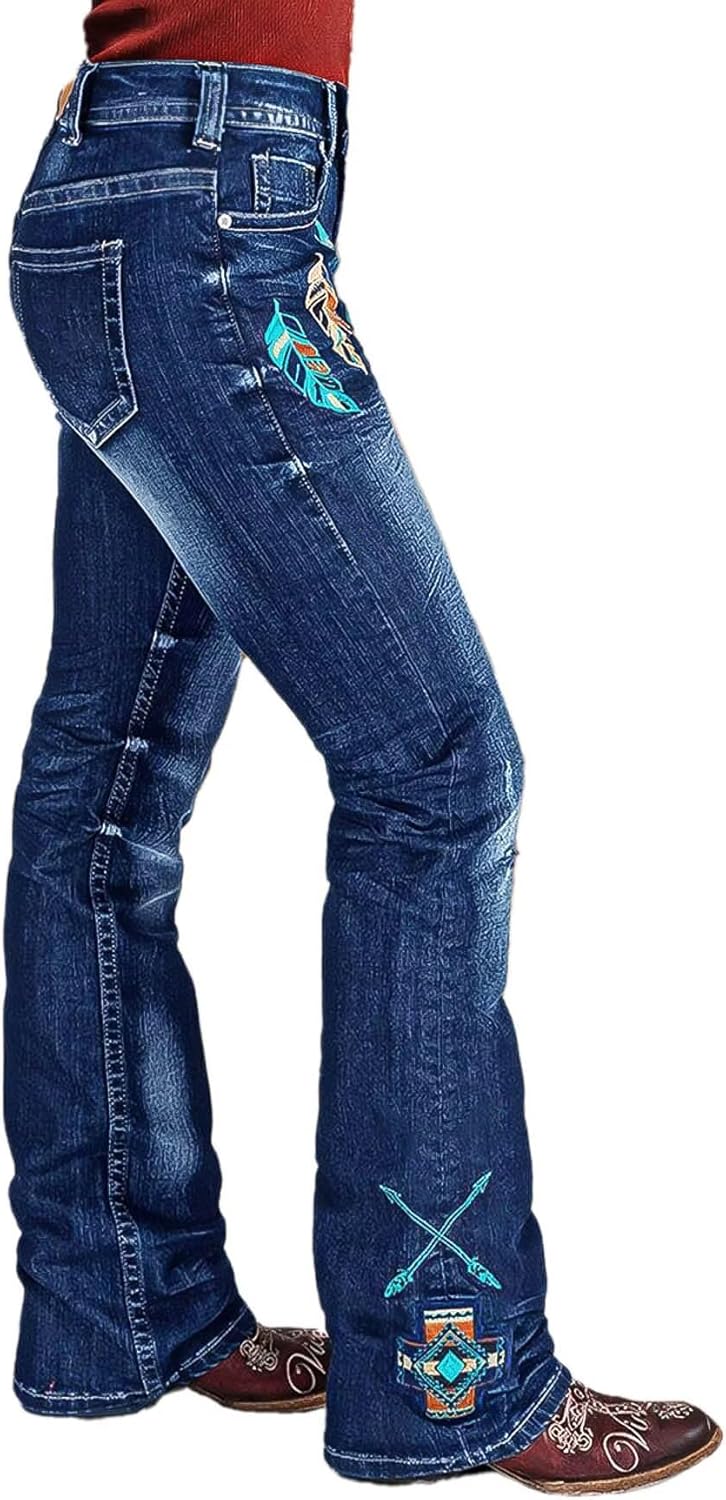 Flamingals Mid Waist Boot Cut Jeans for Women Stretchy Trendy Wash Feather Embroidery Boho Denim Jeans