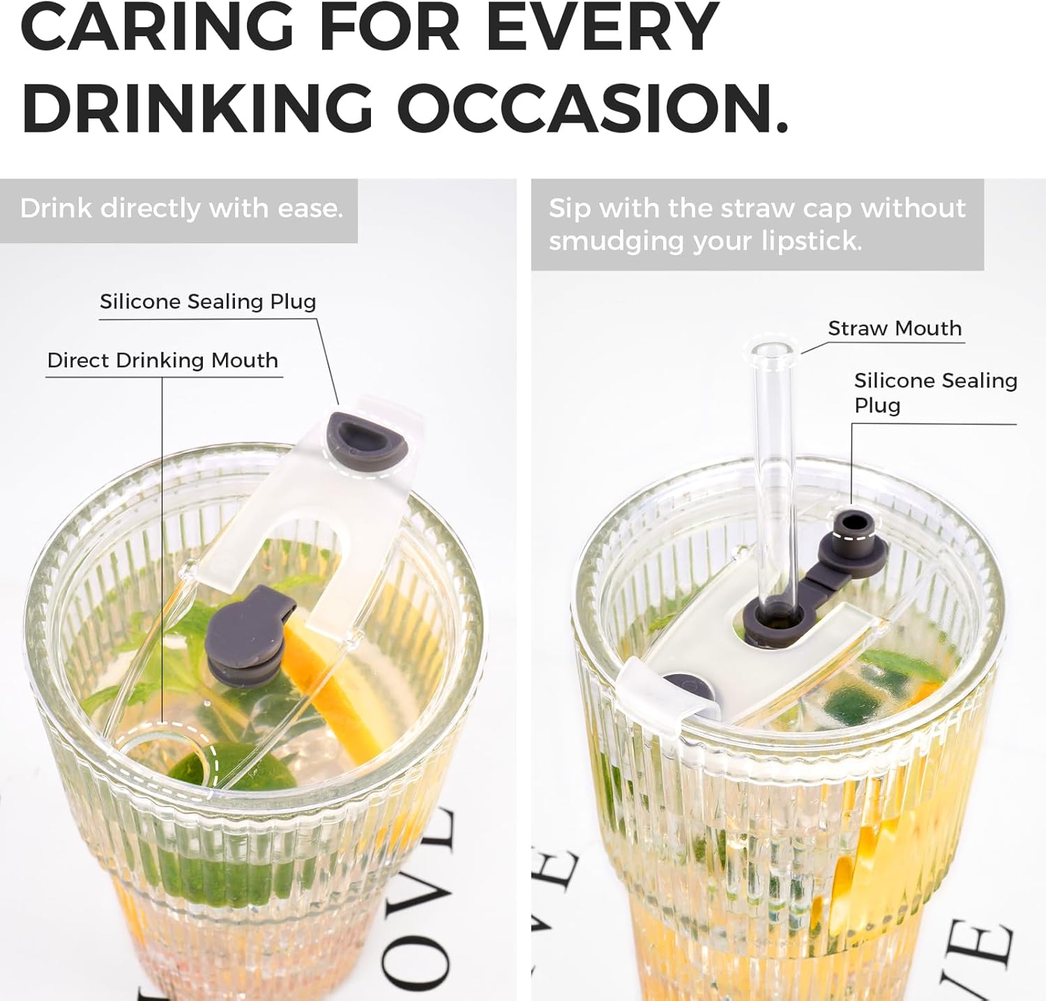 2PCS 20oz Glass Cups with Lids and Straws, Iced Coffee Cups with Lids, Stylish Ribbed Thick Drinking Glasses Tumbler for Juice, Smoothies, Cold Beverages, Cute Cup Gifts with Clean Brush - Image 4