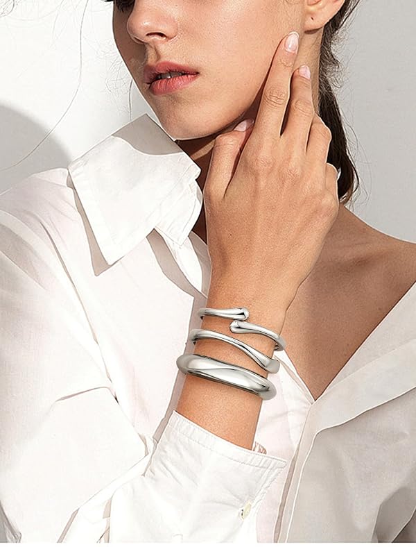 Follome Chunky Gold Bangle Bracelets for Women – 14k Gold Plated Cuff Bangles, Stackable Bracelet Set, Wide Trendy Fashion Jewelry Gift (01-Silver-3pcs) by Follome - Used condition - Image 3