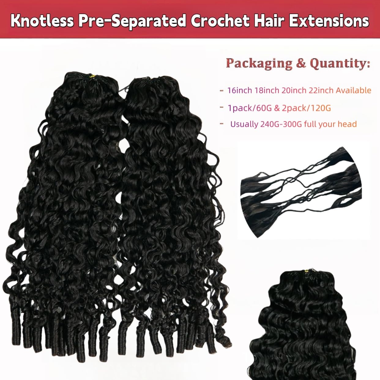 100% Human Hair Knotless Pre-Separated Crochet Hair Extensions with Spiral End Feather Hair Water Curly Feather Line Hair Extensions Natural Color 16Inch 240g