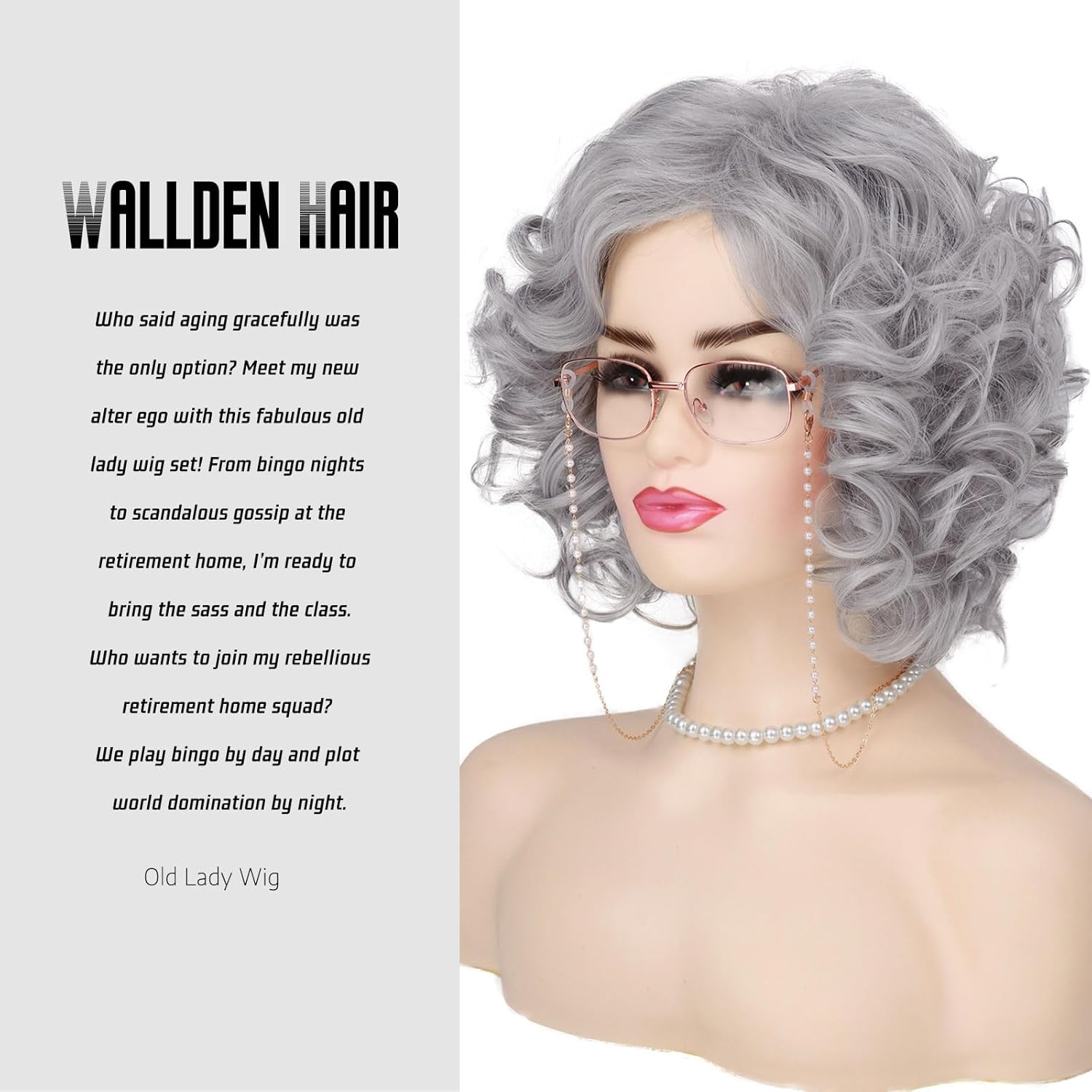 Old Lady Gray Wigs for Women Short Grey Curly Grandma Wig for 100th Days of School Cosplay Costume Halloween Party Synthetic Granny Wigs (5pcs Set) - Image 7