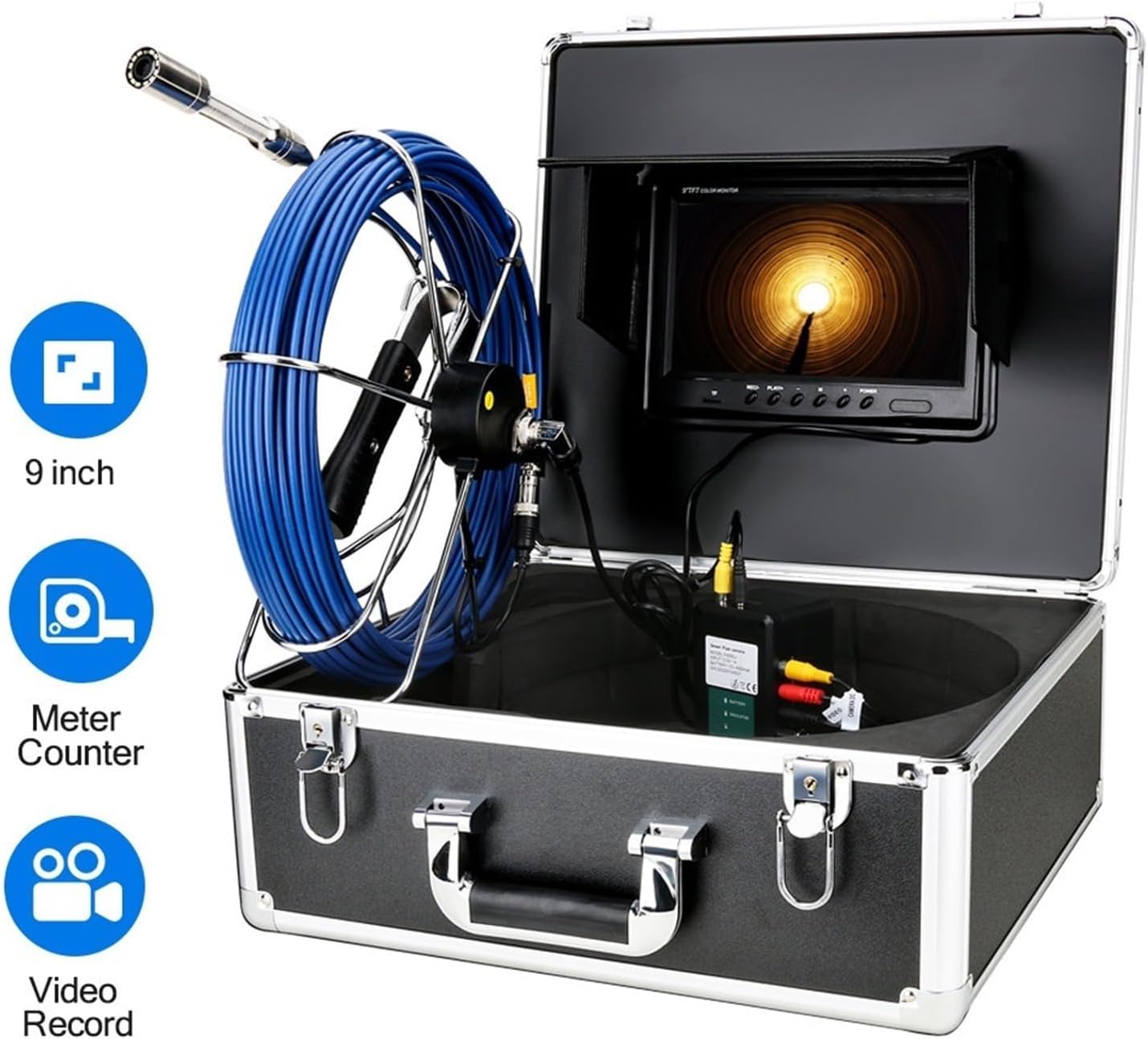 Drain Inspection Camera Sewer Pipe Camera 9" DVR Sewer Inspection Video Camera with Meter Counter Auto Self Leveling 512HZ Pipe Locator Plumber Camera