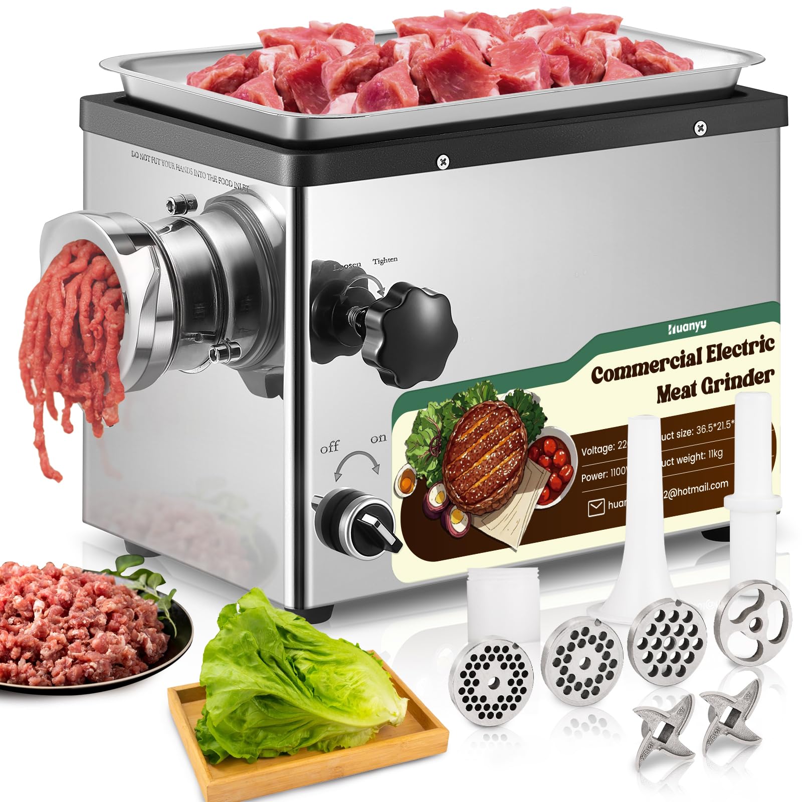 Huanyu Picadora Electrica Picadora de Carne Eléctrica Comercial 1100W Multifunción Picadora Electrica de Alimentos Con Embutidora de Chorizos Trituradora de Carne con 2 Cuchillas y 4 Placas de Corte
