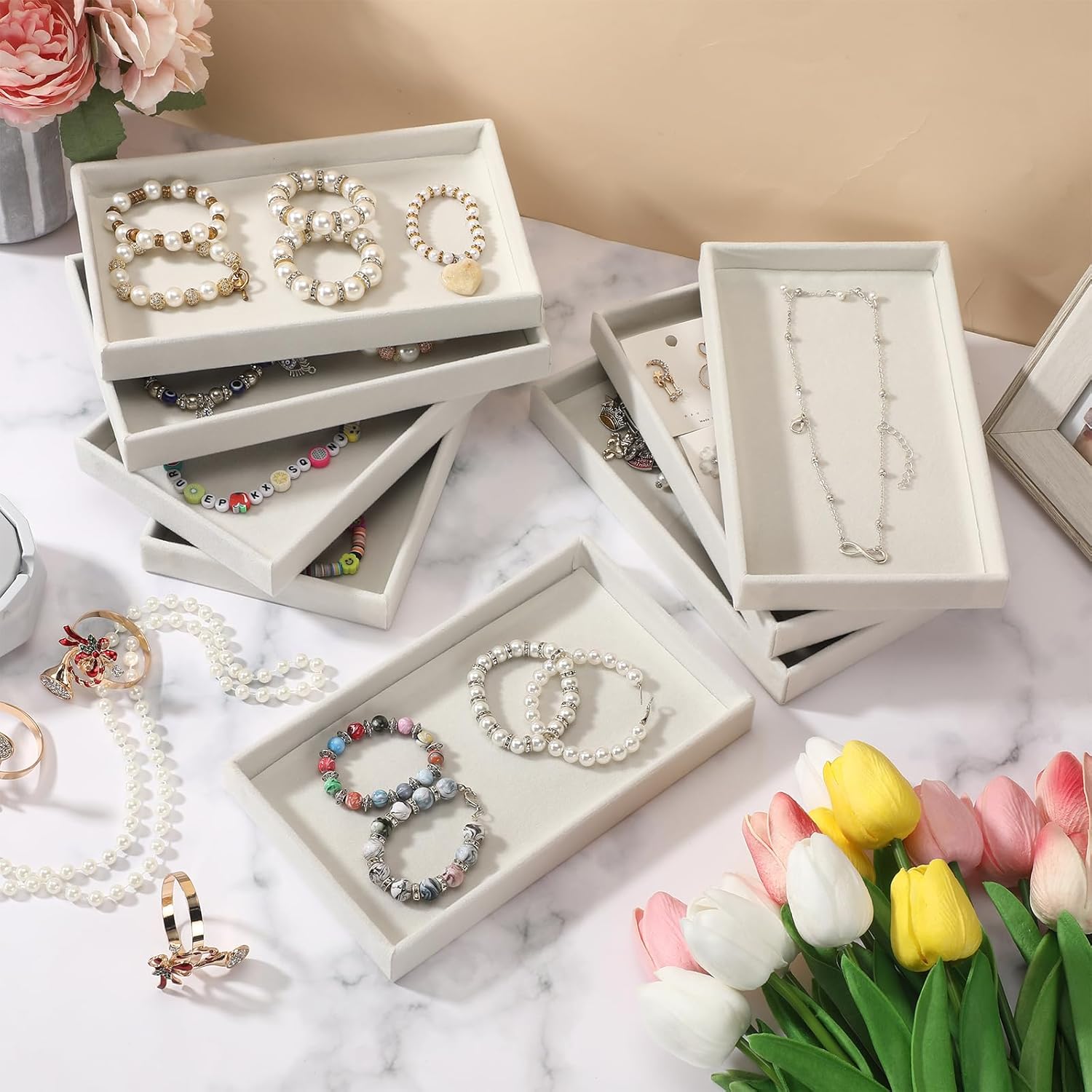 Inbagi 8 Pcs Small Velvet Jewelry Tray Stackable Jewelry Drawers Organizer Trays Jewelry Storage Trays 8.3 x 4.7 x 1 Inches (Beige)