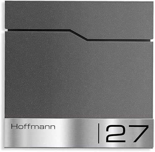 Metzler Briefkasten in DB 703 Eisenglimmer Enno - Wandbriefkasten mit V2A Edelstahl-Namensschild & Zeitungsfach - Postkasten mit Gravur, Größe: 37 x 37 x 10,5 cm