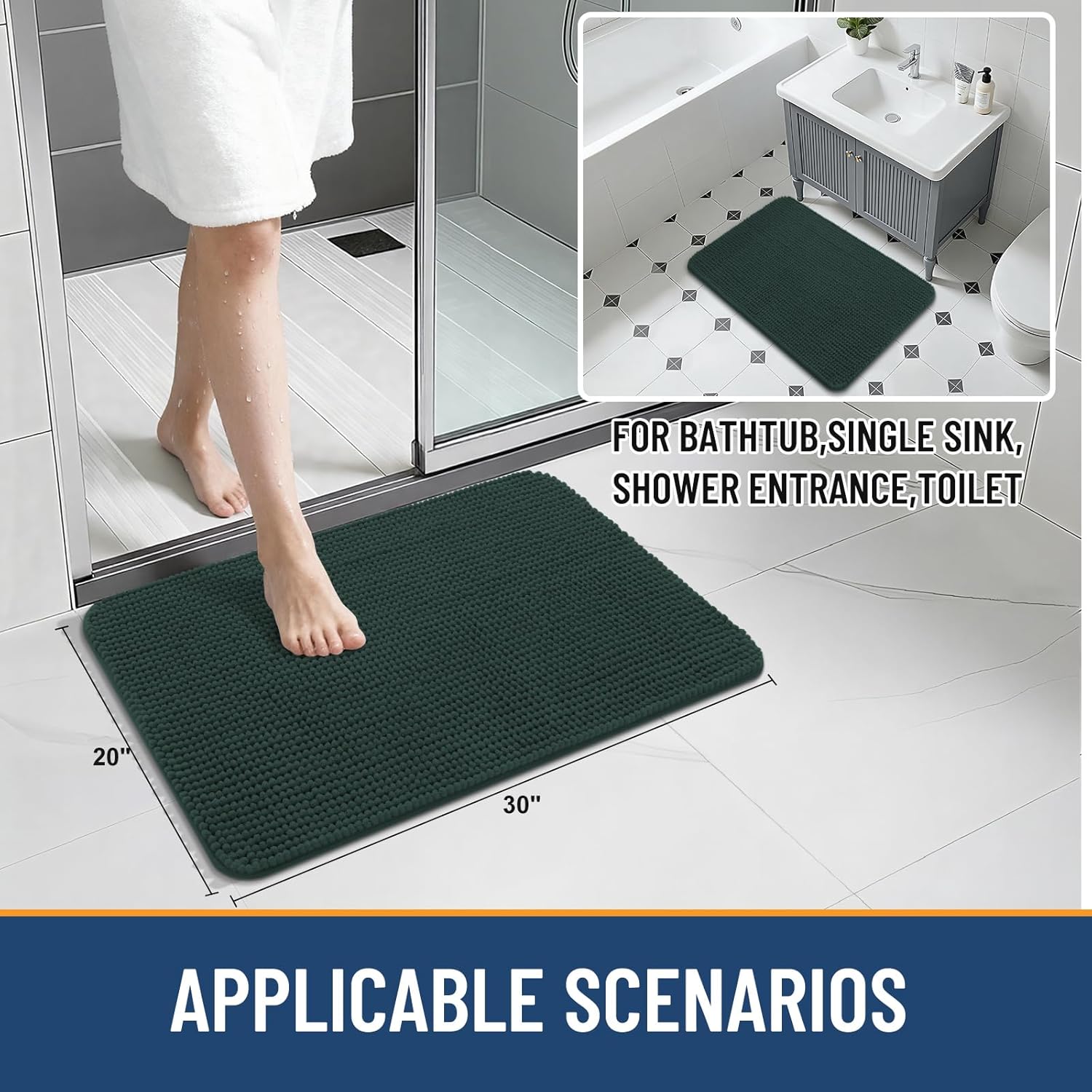 Arotive Bathroom Rugs 30" x 20", Ultra Soft Absorbent Chenille Bath Rugs, Non-Slip Rubber Backing, Machine Washable Bath Mats for Bathroom Floor, Tub and Shower, Home Decor Accessories, Dark Green