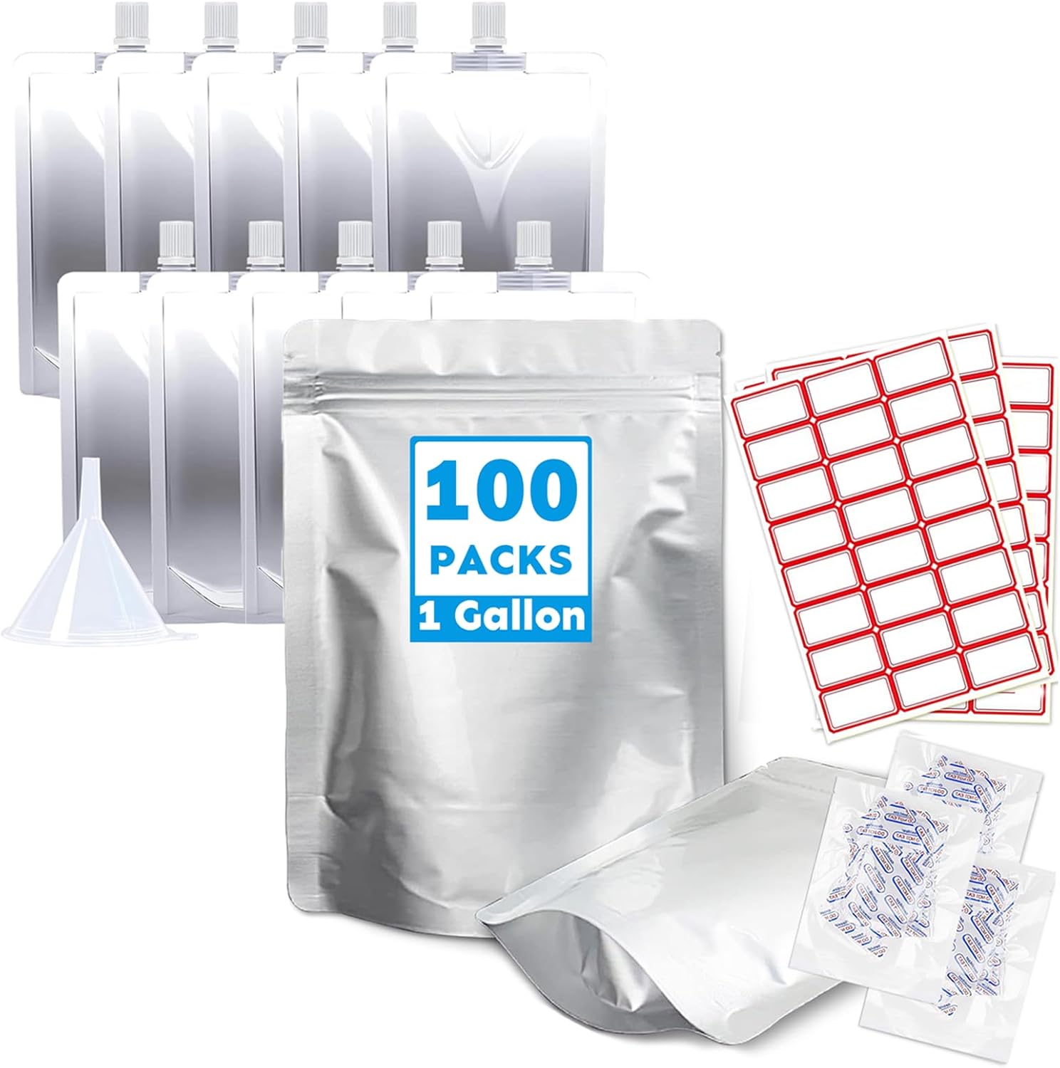 100PCS 1Gallon Mylar Bags&10PCS 16OZ Drink Bags,Stand Up Bags with Oxygen Absorbers&Labels for Food Storage,Reusable Plastic Flasks Pouches with Funnel for Beverage,Juice,Camping,BPA Free