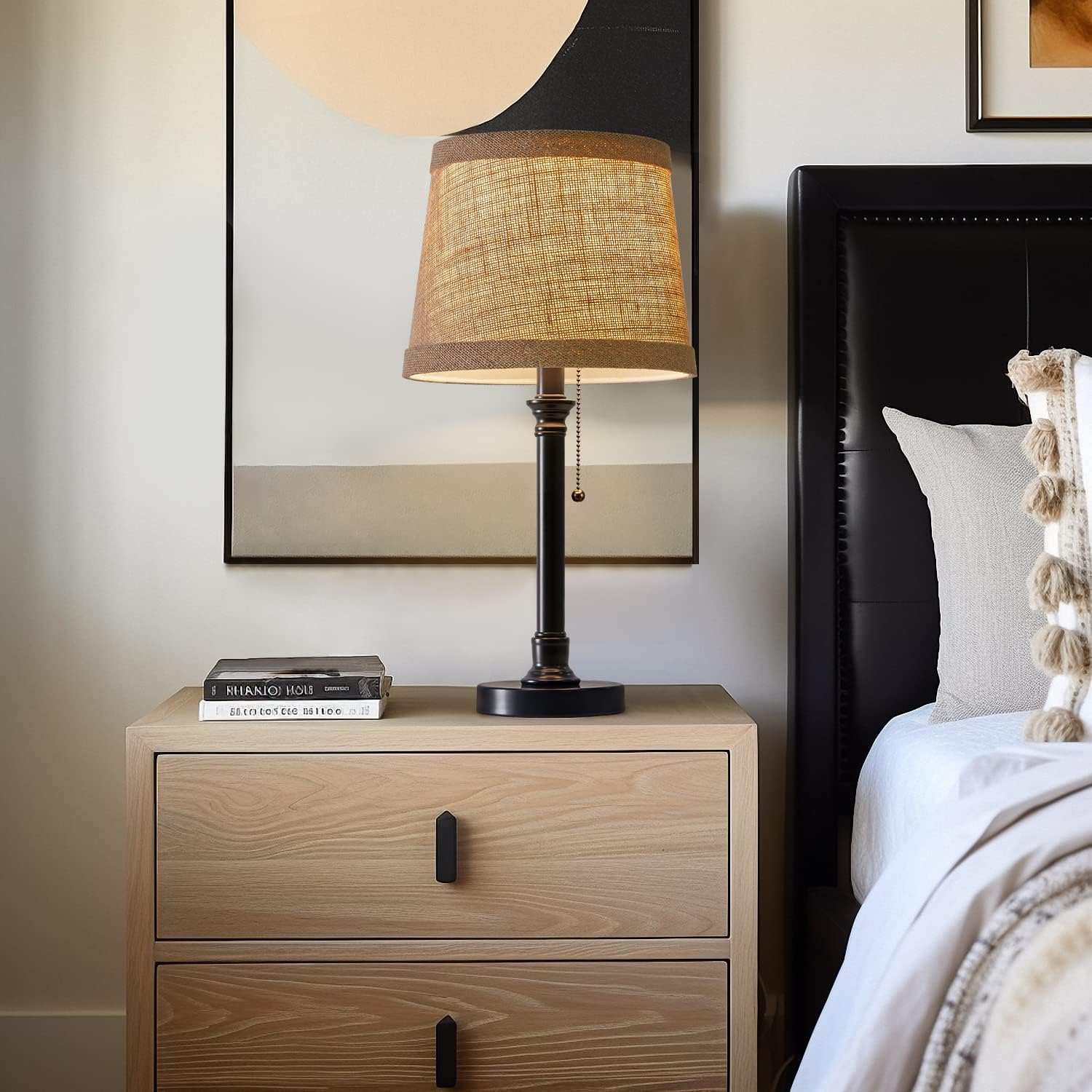 Oneach Cottage Style Black Pull Chain Table Lamps Set of 2 for Bedroom Living Room 20'' Traditional Bedside Desk Nightstand Buffet Candlestick Samll Lamps with White Drum Shade