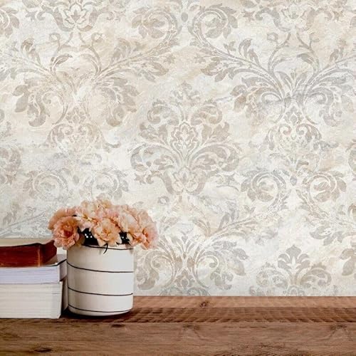 WPE® Elegant Damask Wallpaper on Marble Background – Neutral Color Shades – Luxury Vinyl Roll for Walls – Classic and Modern Home Decor – Durable & Easy to Apply