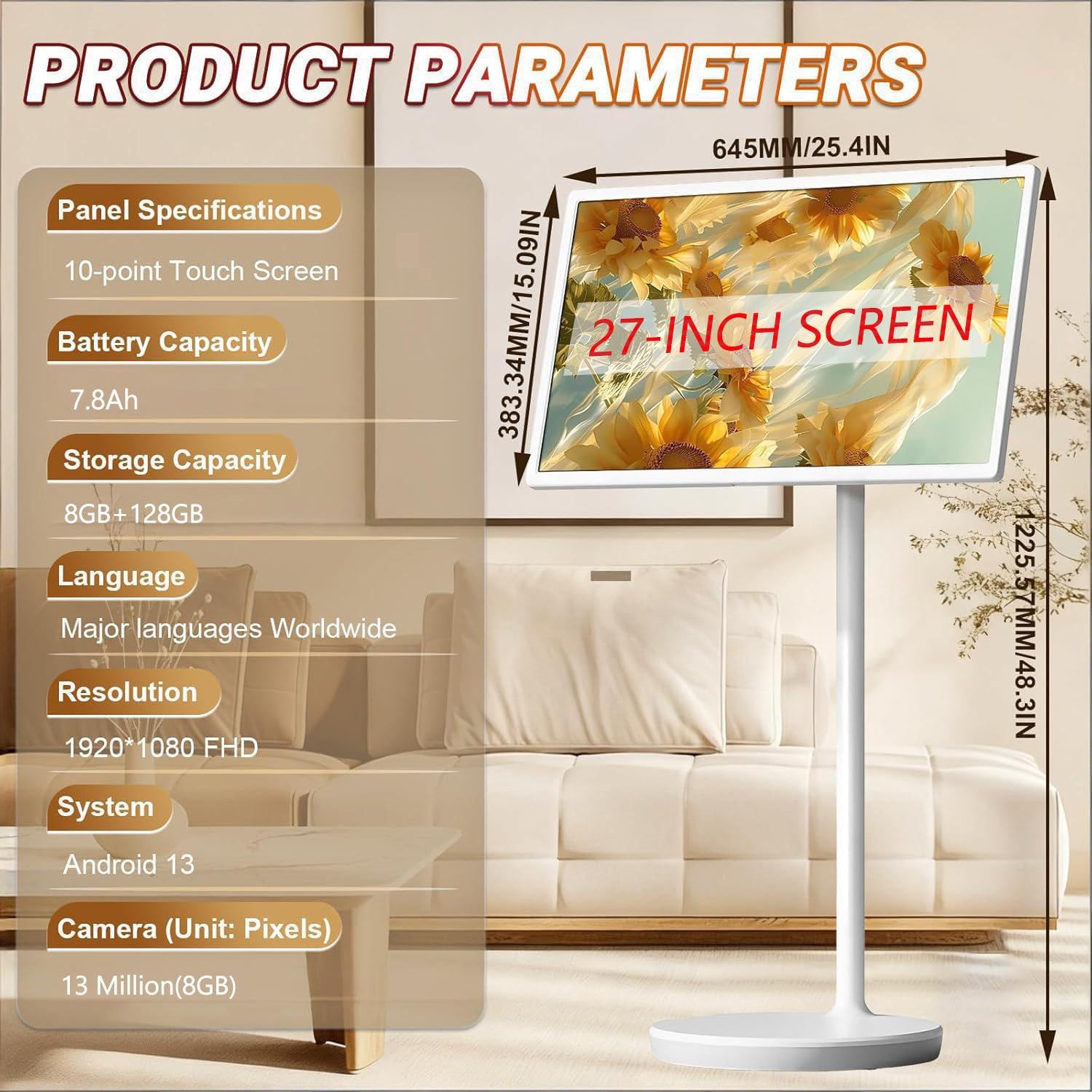 27 Inch Portable Screen TV - 1080P Touch Screen Monitor on Wheels with 13MP Camera, Compatible with Googl/e TV, Android 13/14/15, 8G RAM+128G Storage, Remote Control 27IN-8+128GB
