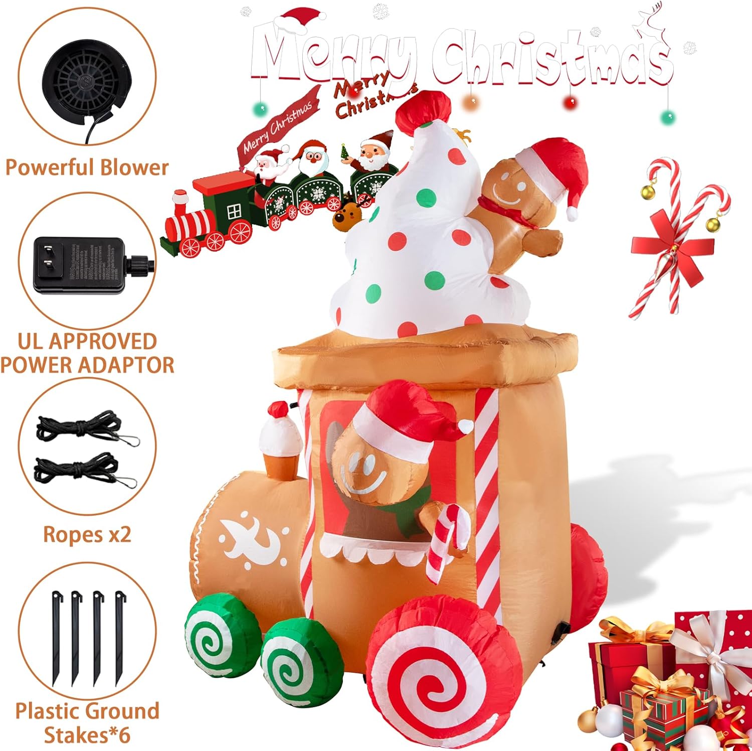 Nervure 7.5Ft Christmas Train Inflatable - Christmas Inflatable Decorations with Gingerbread Man - Xmas Blow Up Built-in LED Lights for Xmas Outdoor Lawn Garden Yard Decor - Image 6