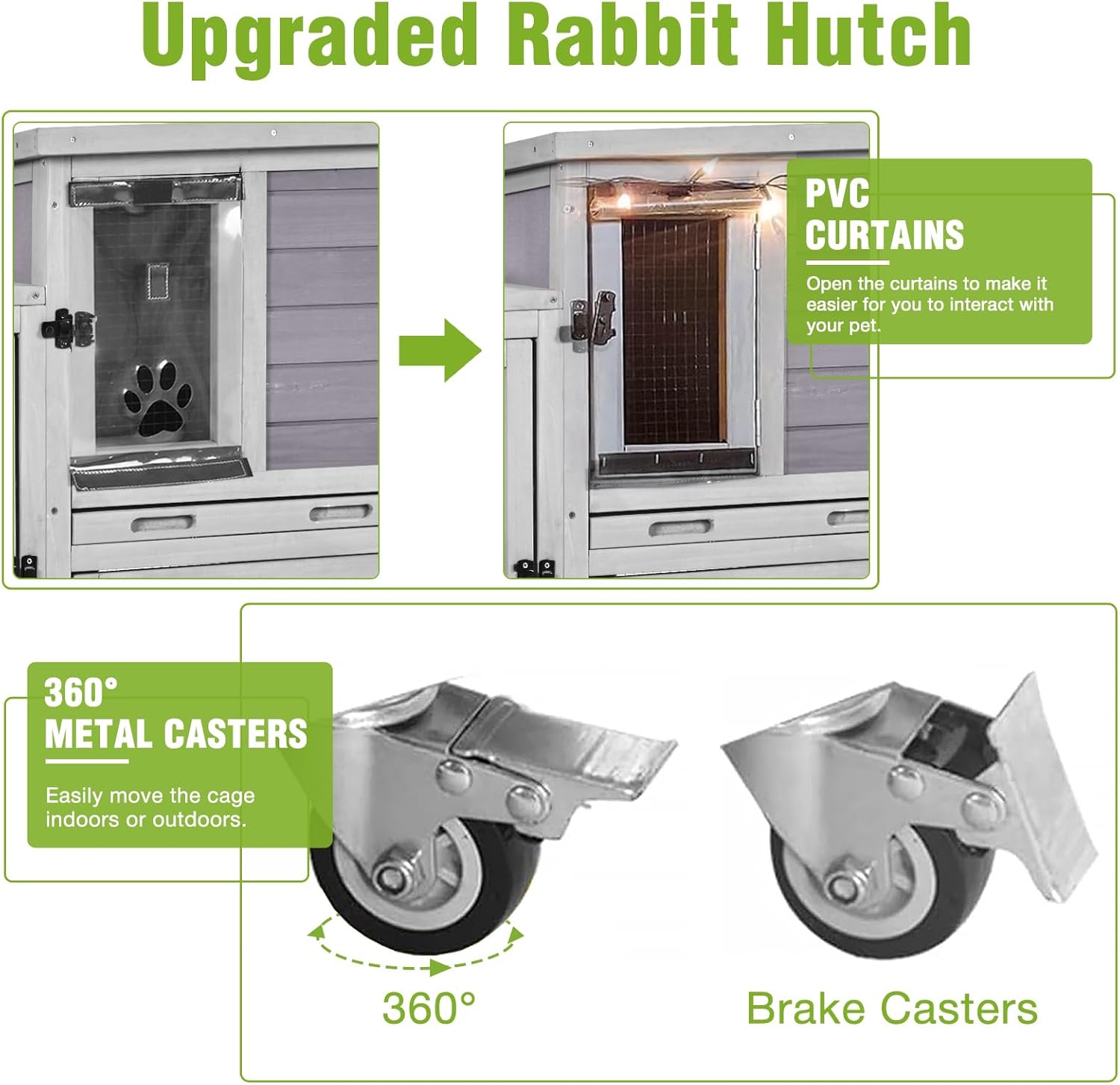 Rabbit Hutch Indoor Outdoor, Large Rabbit Cage with Wheels, 2-Story Bunny Hutch with Removable Wire Floor and Leakproof Trays, Wooden Guinea Pig Cages with Waterproof Roof