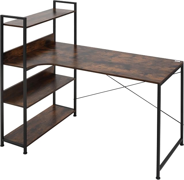 HOMCOM Retro Industrial Computer Desk Home Office Table with 4-Tier Storage Shelf Metal Frame Computer Workstation for Home Office, Brown