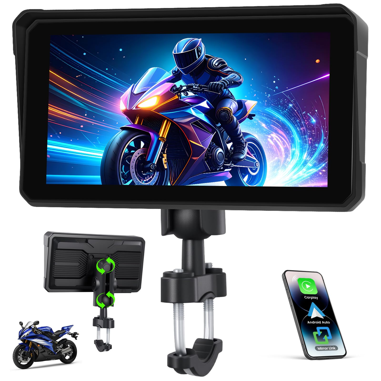 [2026] CAMECHO 6 Zoll Wireless Motorrad-Carplay Android Auto, IP68 Wasserdicht HD 1440 * 720 Touchscreen Bildschirm Navi Display für Motorräder mit Dual Bluetooth 5.0 + Airplay Android Cast