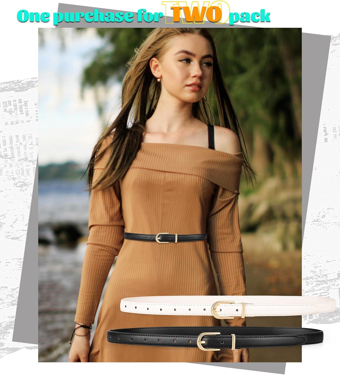 maikun 2 Pack Skinny Belt Women, Leather Waist Belt with Gold Alloy Buckle for Jeans Pants Dress - Image 4