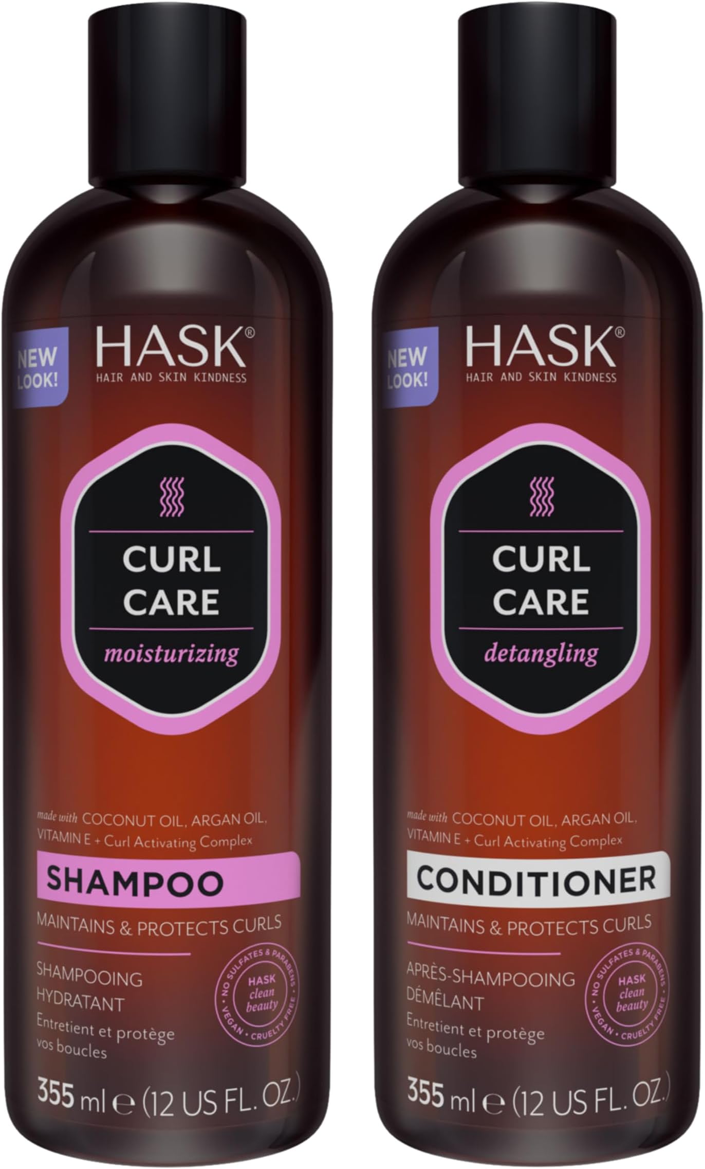 HASK Curl Care Shampoo + Conditioner Set with Coconut and Argan Oil | For Curly Hair, Sulfate-Free, Paraben-Free, Gluten-Free, Vegan, Cruelty-Free, Color Safe | 12oz each