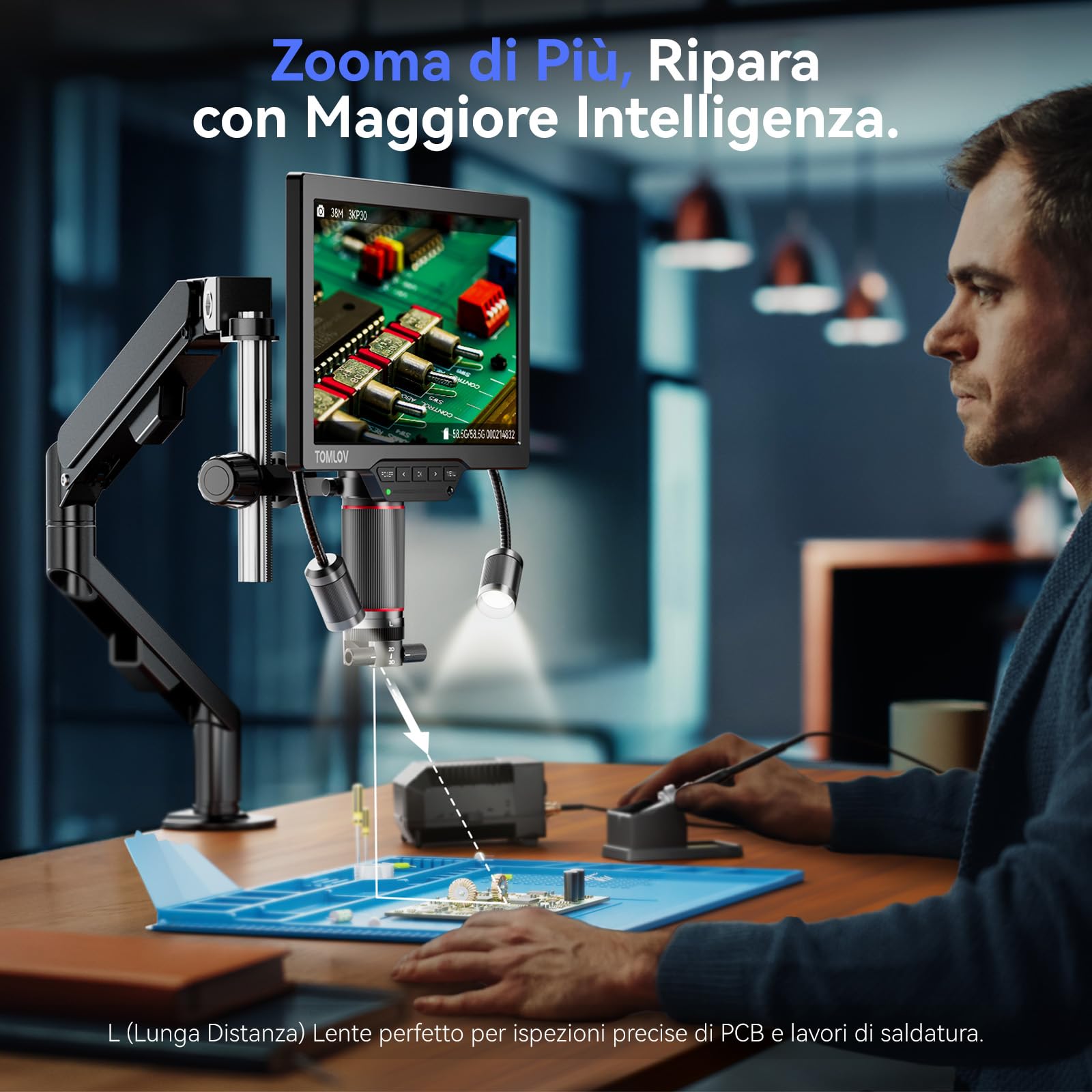 TOMLOV TM3K-3D Max 10,1" Microscopio Digitale IPS con Lenti Duali Magnetiche, Microscopio Saldatura 3D per Adulti, Ingranditore Monete 3K HDMI, LED, Tappetino per Riparazioni, Braccio Flessibile, 64GB
