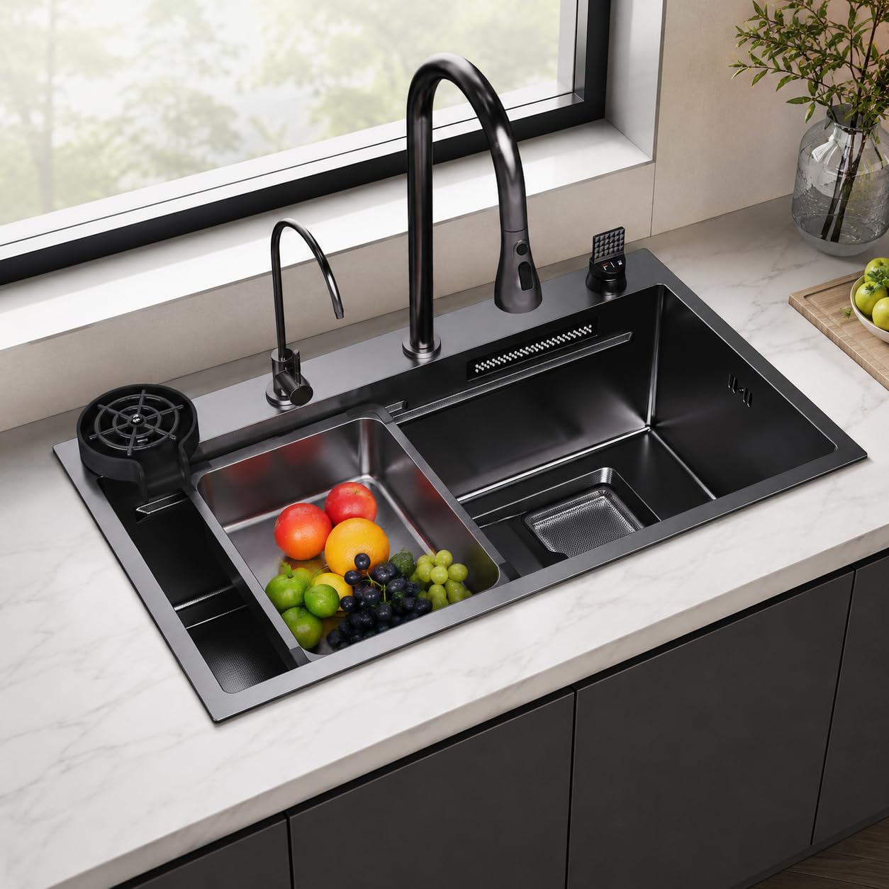 SONNI Spülbecken, Küchenspüle, 80x45cm 304SUS Edelstahl Spüle | Mit Armatur, Abtropfkorb, Abtropfbecken, Schneidebrett, Tassenuntersetzer, Wasserfilterarmatur, Abfallsieb, Ablaufgarnitur