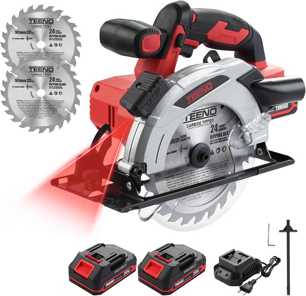 TEENO Scie circulaire laser sans fil 4000 RPM avec frein électrique, 2X2.0 AH batteries, 2X165mm lames, profondeur et angle de coupe réglables jusqu'à 38mm (45°), 54mm (90°).