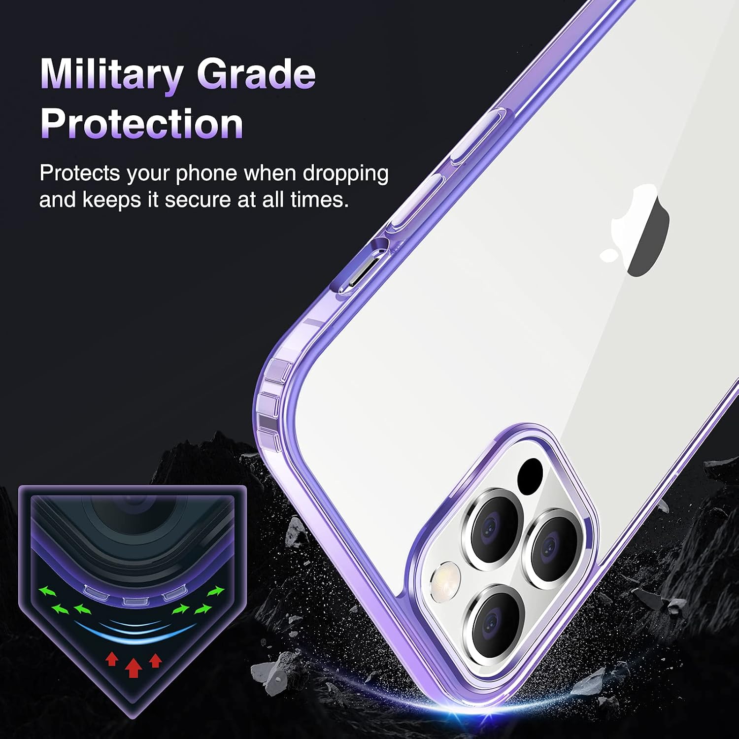 Elando Crystal Clear Phone Case Compatible with iPhone 12 Pro Max, Non-Yellowing Shockproof Protective Phone Case Slim Thin, 6.7 inch, Clear Purple
