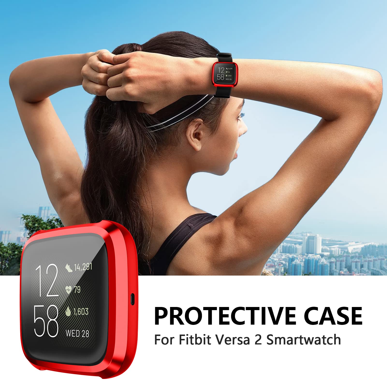 NAHAI Compatible with Fitbit Versa 2 Case, 6 Packs Ultra Rugged Cover Plated Case Scratch-Resist All Around Screen Protector for Fitbit Versa 2, Purple/Gold/Silver/Black/Blue/Red