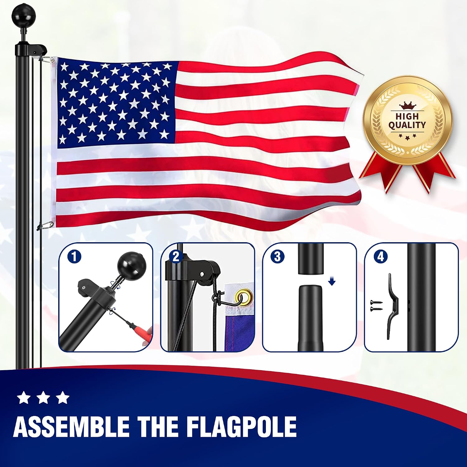 Super Thick Flag Pole Kit, 25 FT 12 Gauge Aluminum flagpoles for outside house, Heavy Duty flag pole with Embroidered American Flag and All Metal Hardware,100MPH Wind Tested